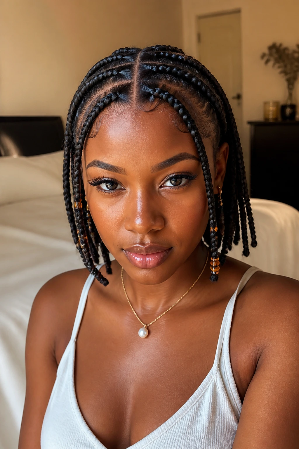 Close-up of real woman with short Fulani braids and minimal end beads