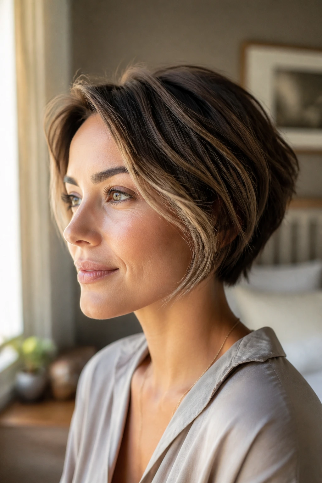 Close-up portrait of a real person with short babylight hairstyle and face-framing ribbons