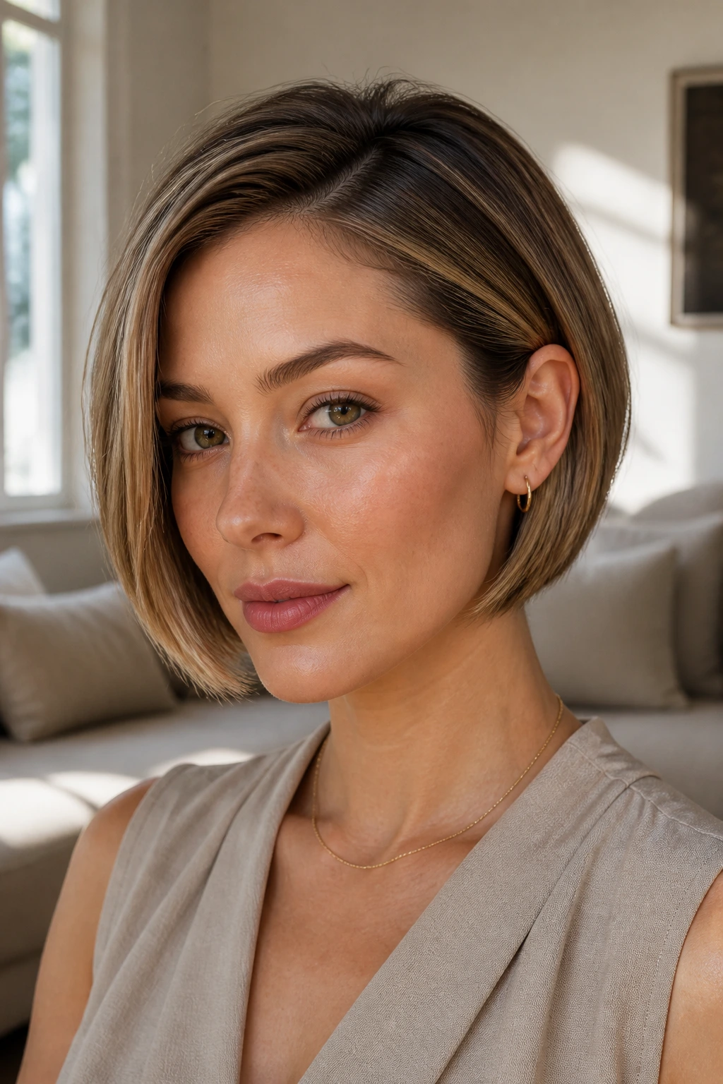 Close-up portrait of a real woman with short bob and babylights in natural light