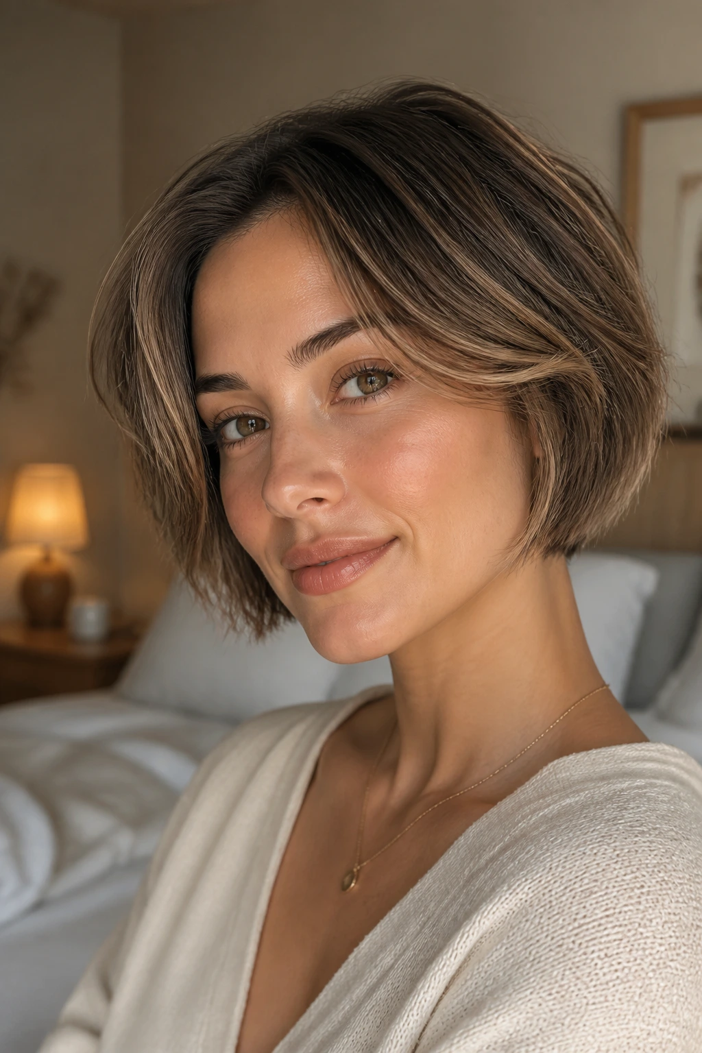 Close-up portrait of a real woman with soft short hair and babylights