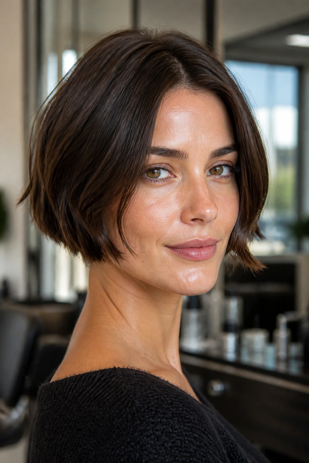 Close-up of a real woman showing a short textured bob with center part.