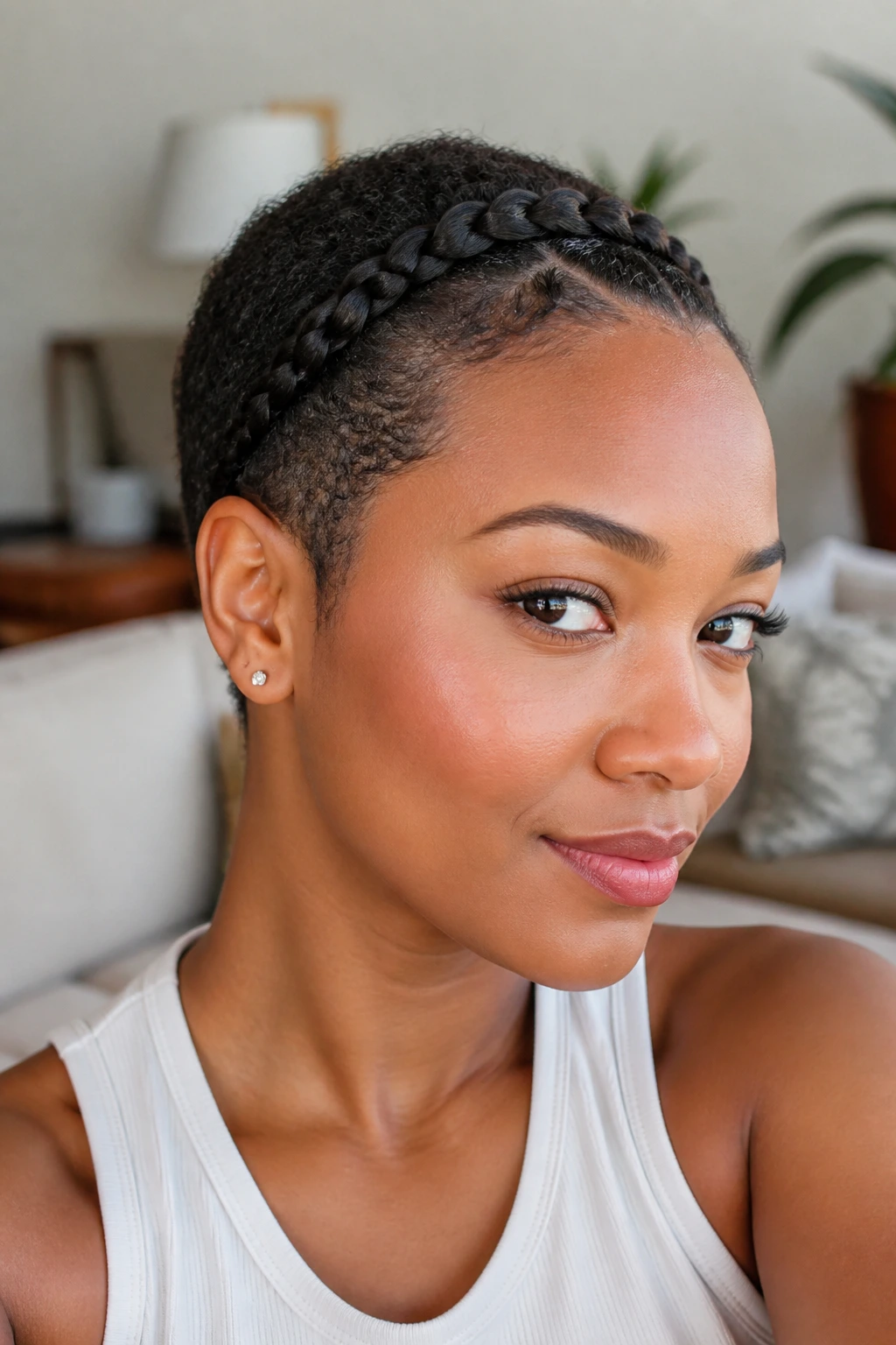 Portrait of a person with short hair wearing a compact braided headband along the hairline