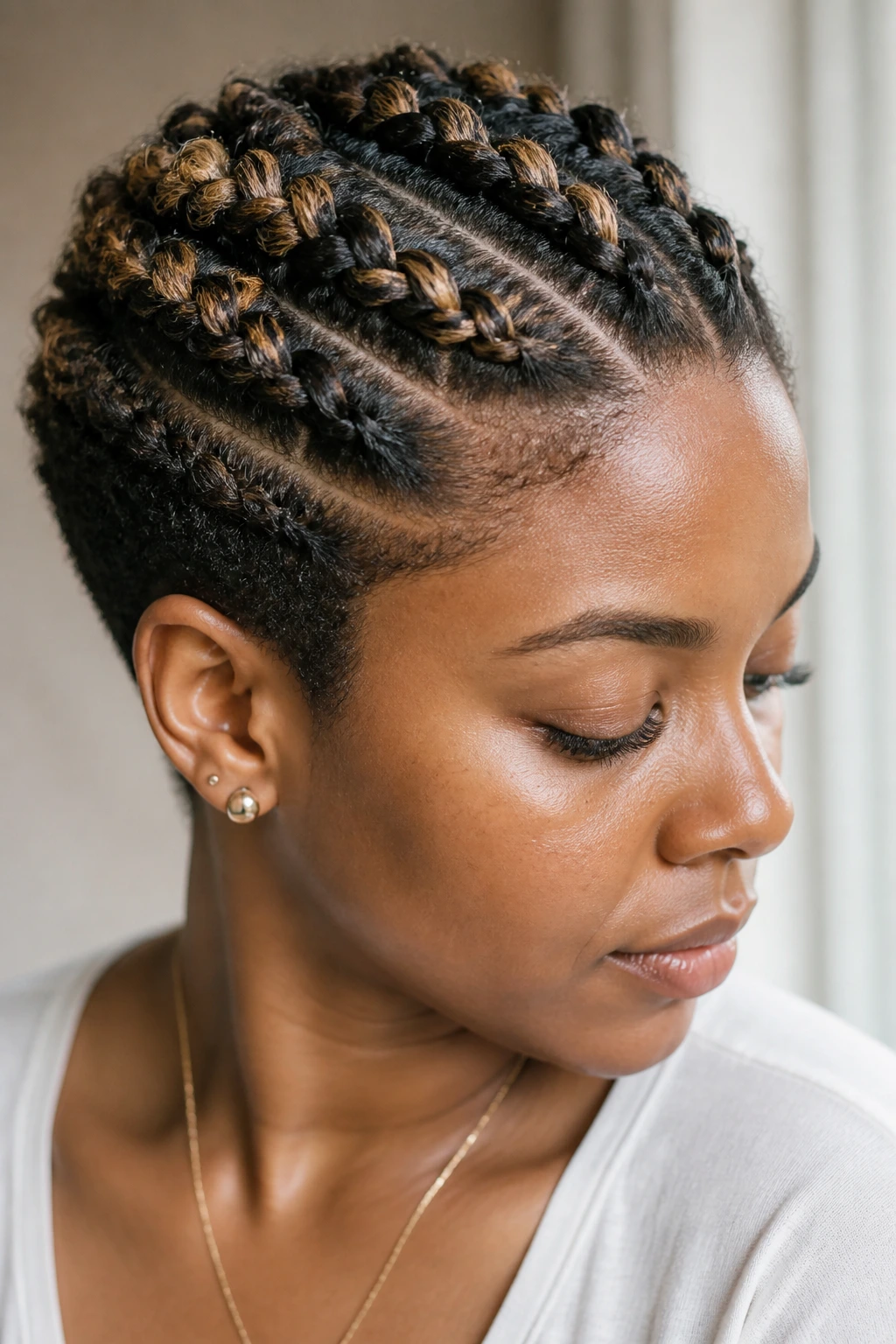 Close-up portrait of a real person with short natural hair styled in raised Dutch braids with babylights
