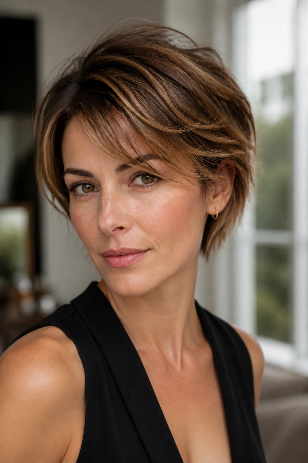 Close-up portrait of a real person with short caramel-highlighted hair, showing warmth and texture.