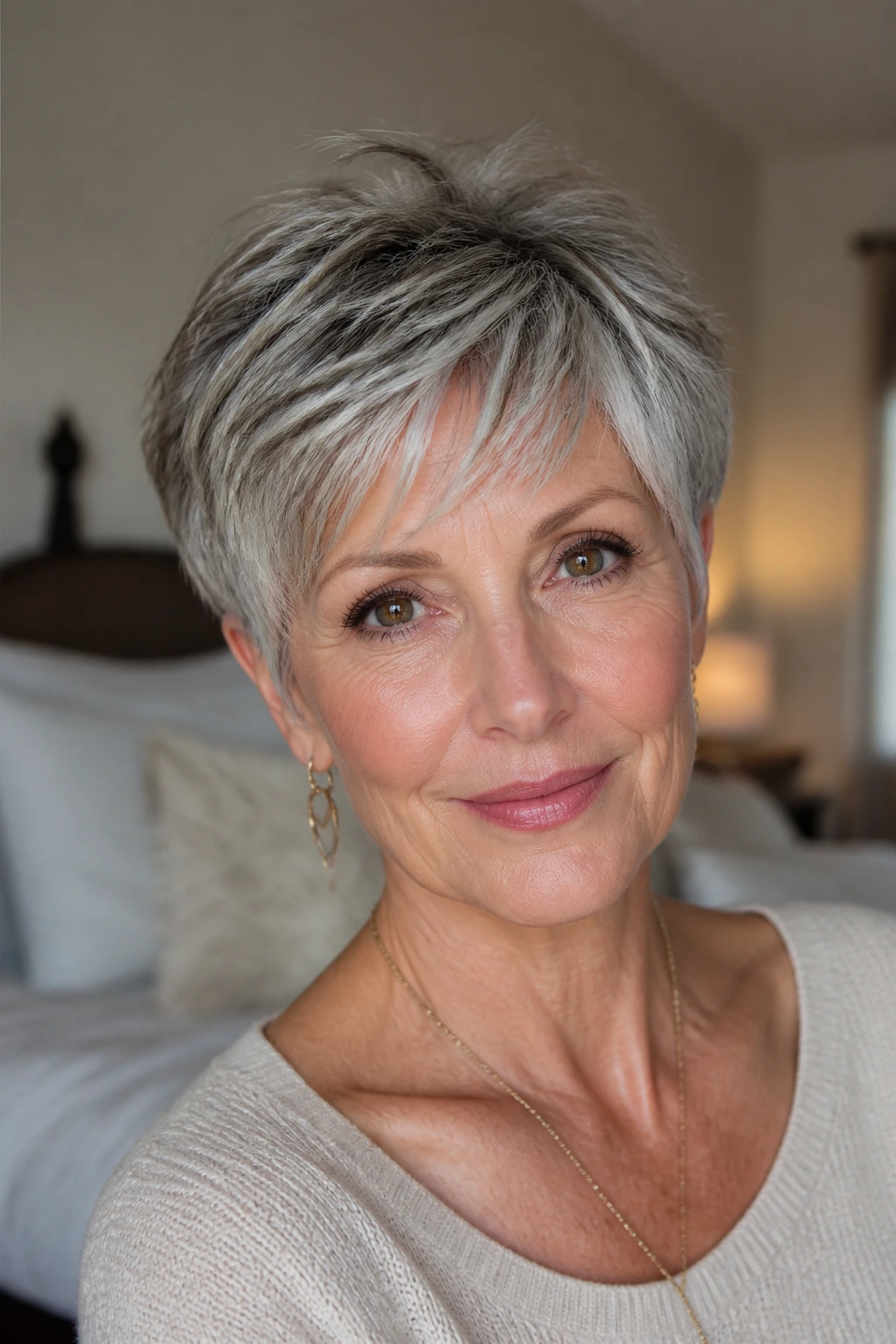 Close-up portrait of a real woman with a short chic haircut framing cheekbones