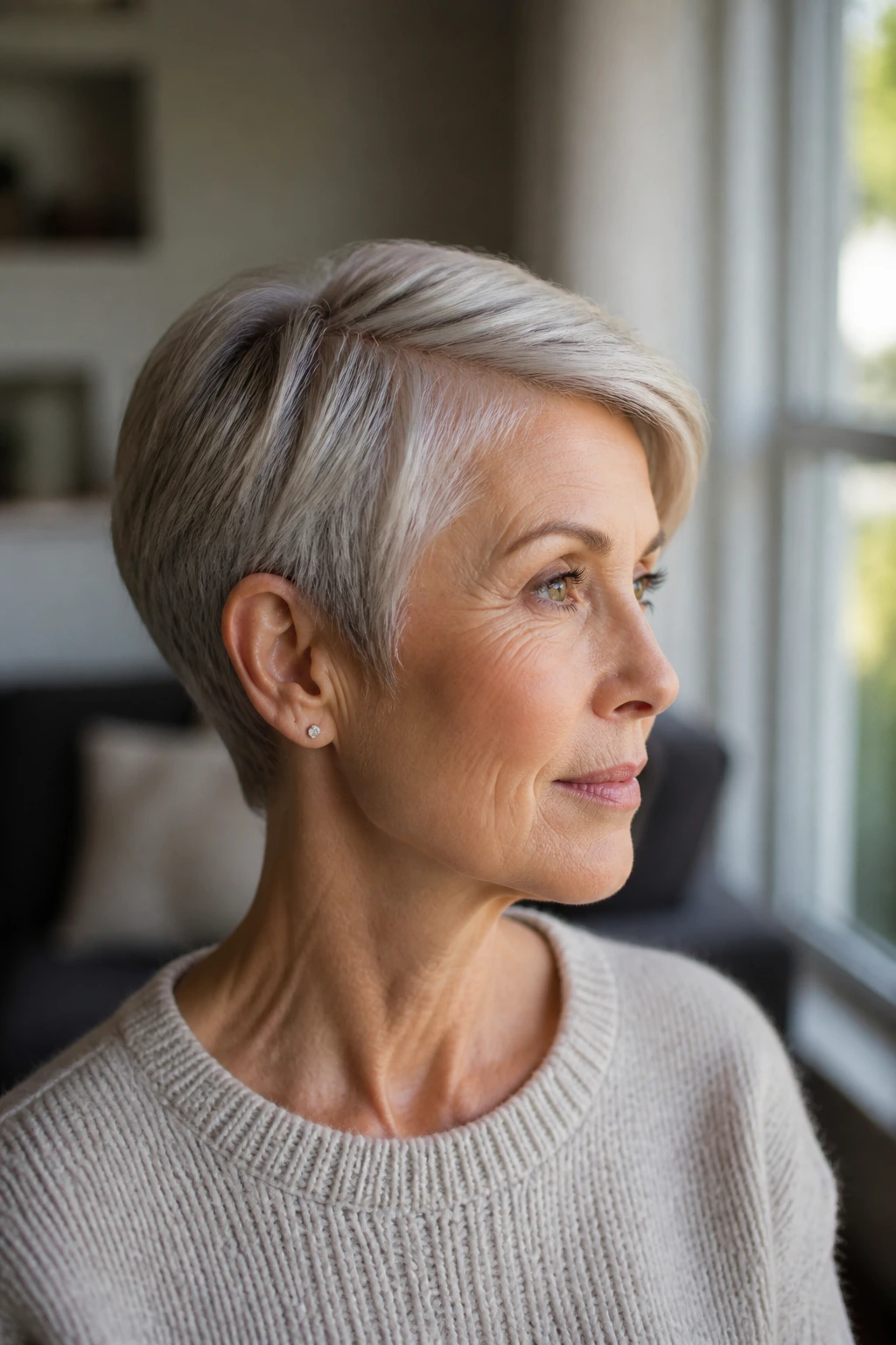 Portrait of a woman with a clean, crisp short hairstyle