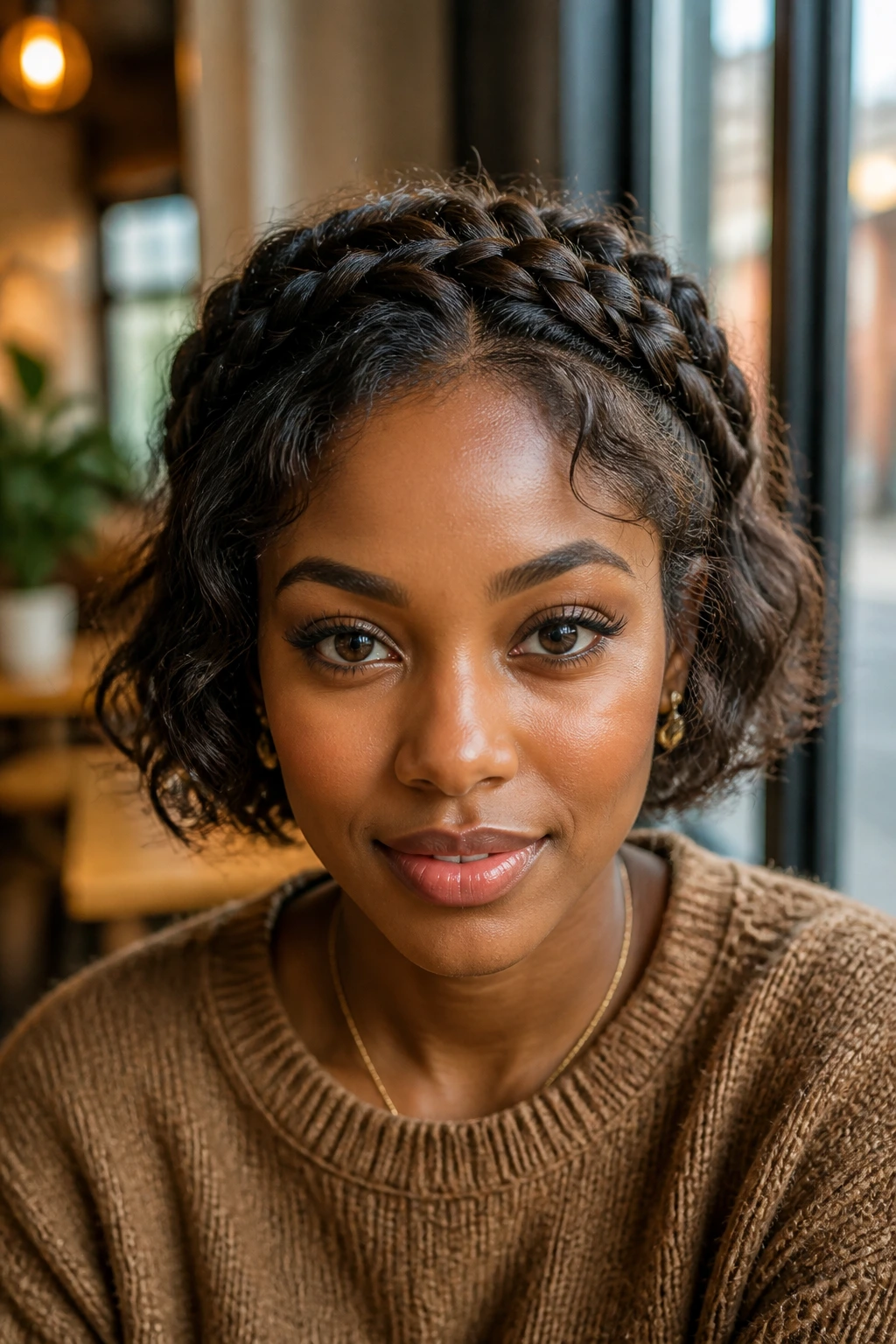Close-up of short natural hair styled into a faux crown