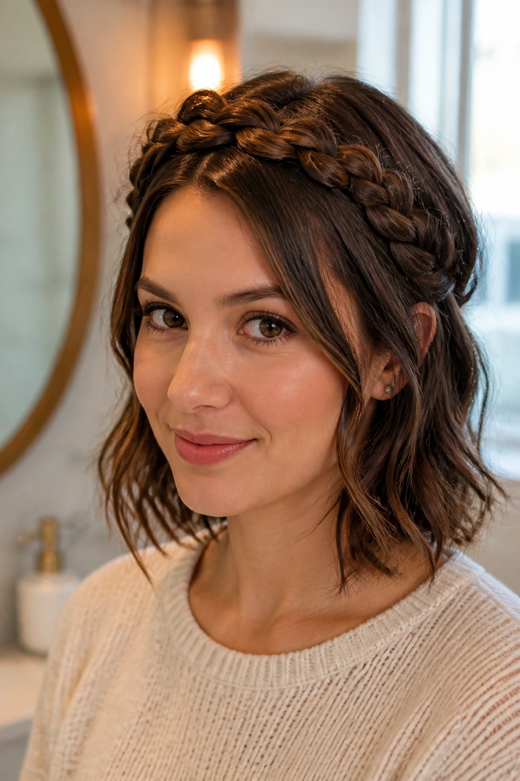 Medium close-up of shoulder-length crown braid on a real person with layers