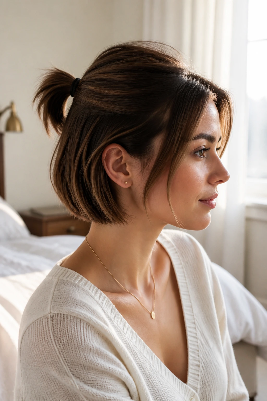 Close-up portrait of a real woman with a soft crown-lift mini pony on short hair.