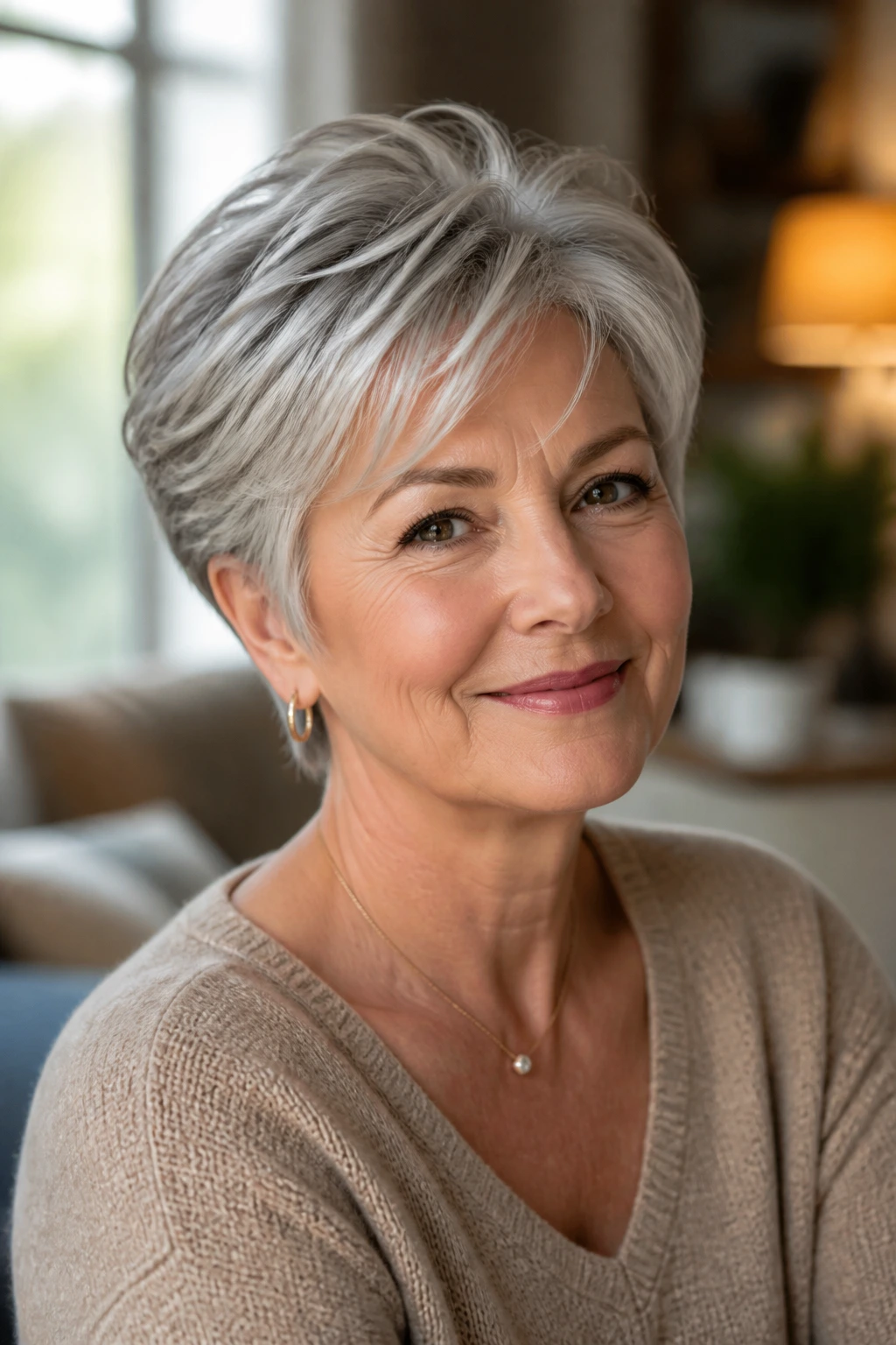 Close-up portrait of a real woman with short hair showing crown lift and clean perimeter