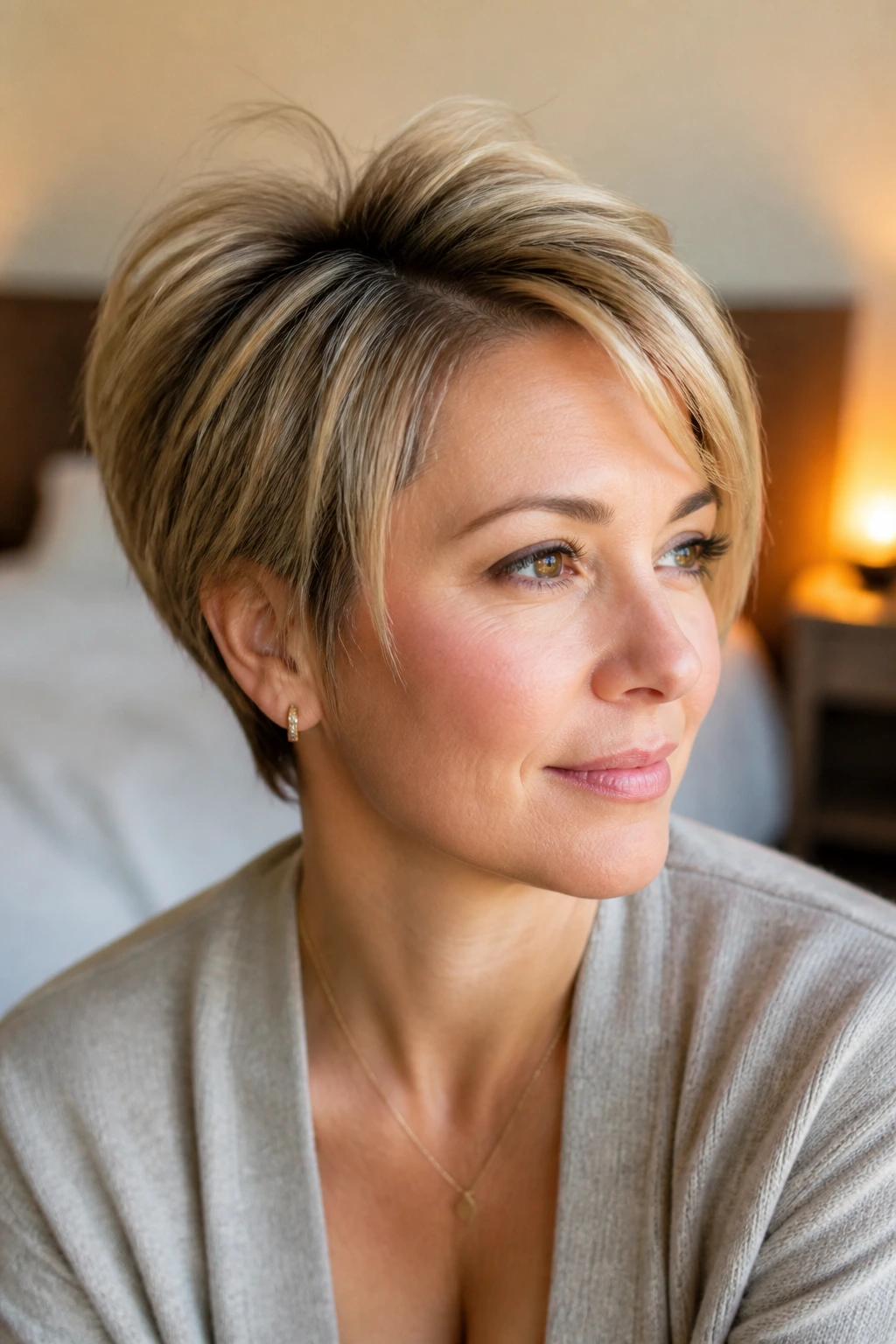 Close-up portrait showing crown lift and silhouette of short hair on a real woman