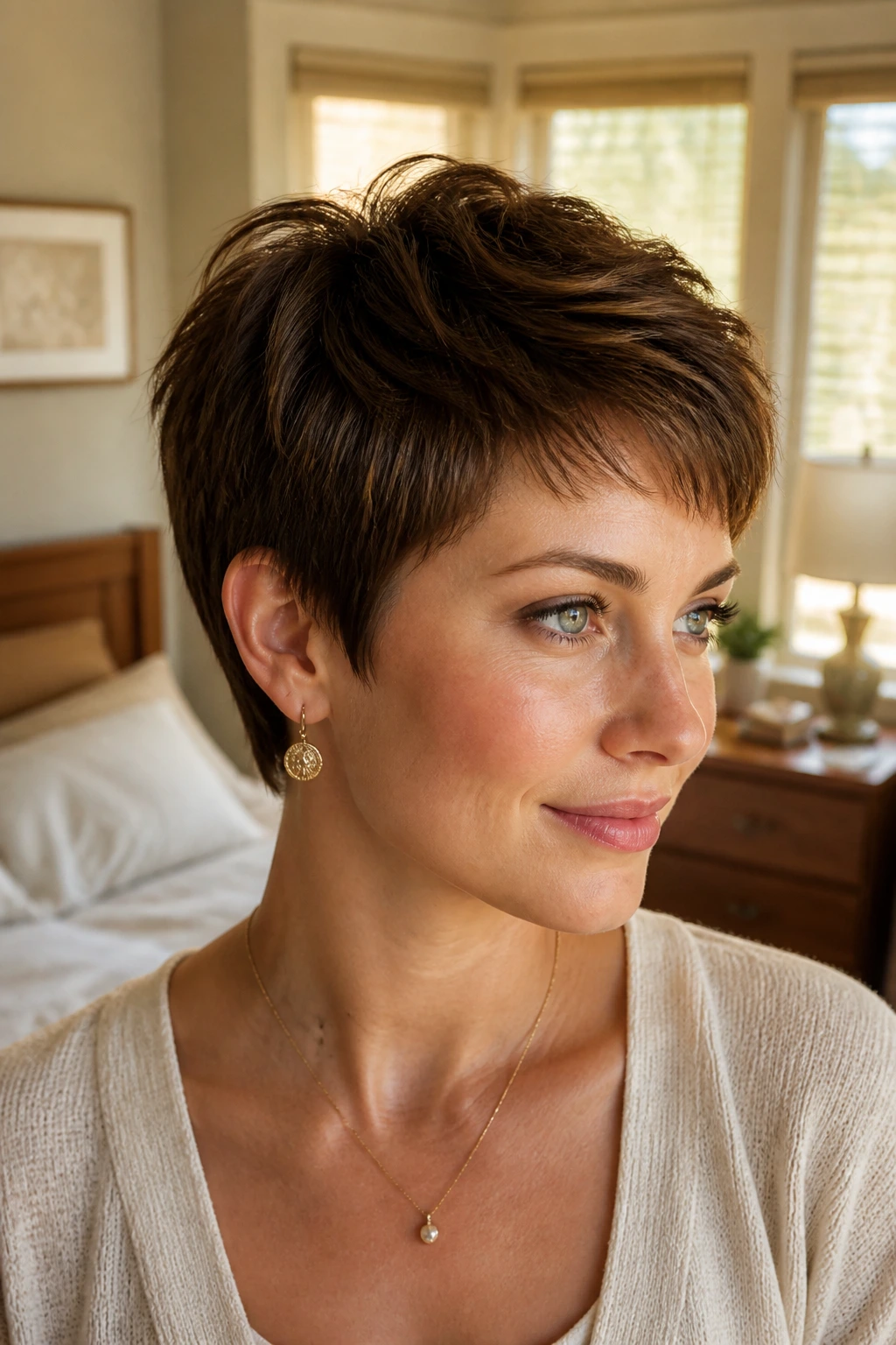 Close-up of a real woman with a short haircut that looks thicker due to perimeter and crown density