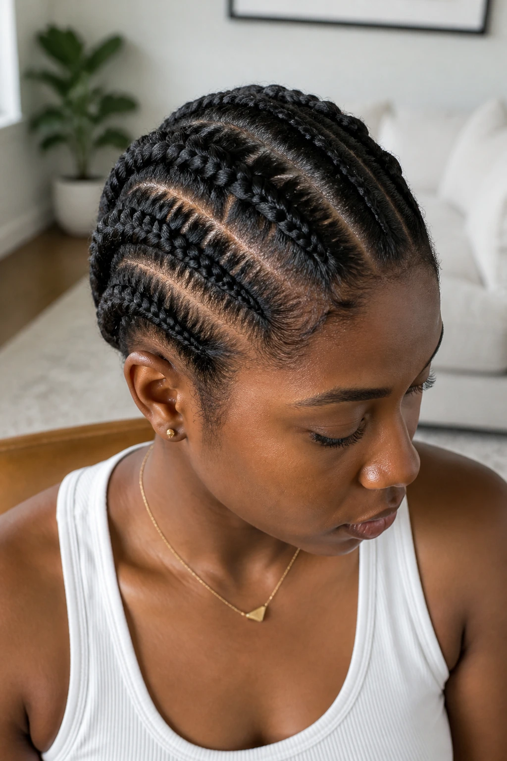 Close-up portrait of a real person with short natural hair styled into Dutch braids across the scalp.