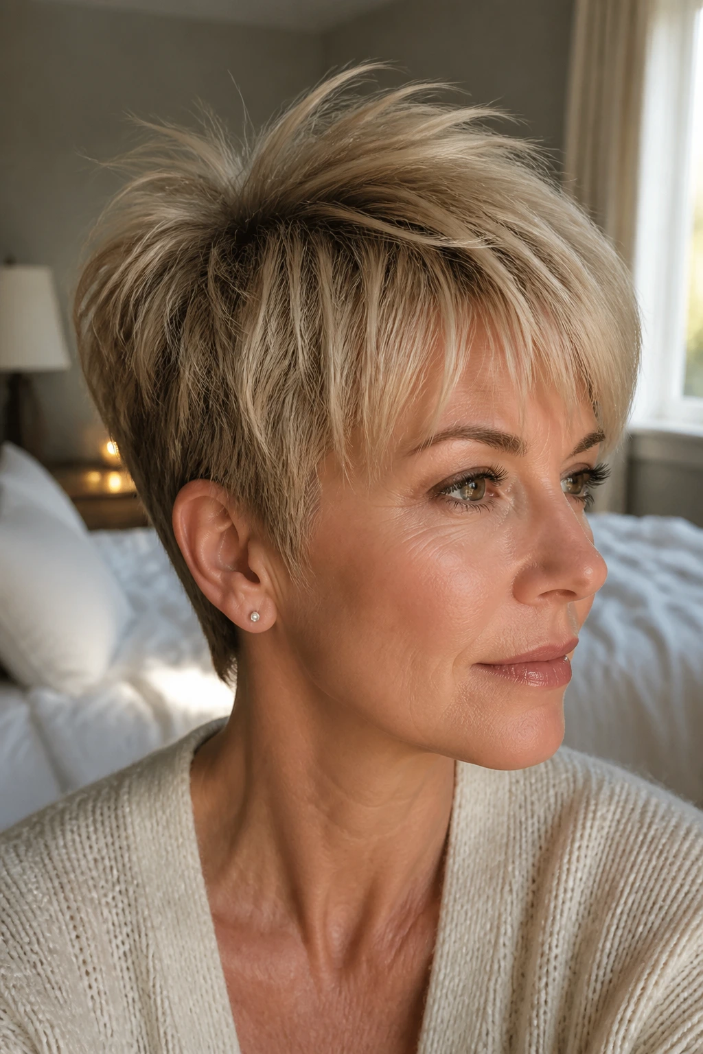 Close-up portrait of a real woman with short fine hair and lifted crown for all-day wear