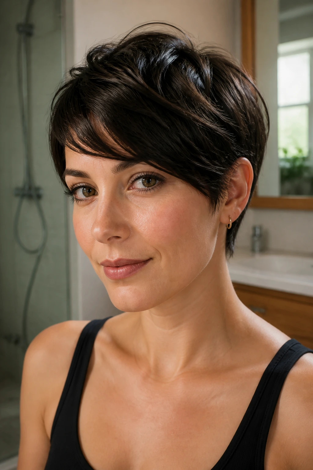 Close-up portrait of real person with short glossy finish hairstyle in soft morning light