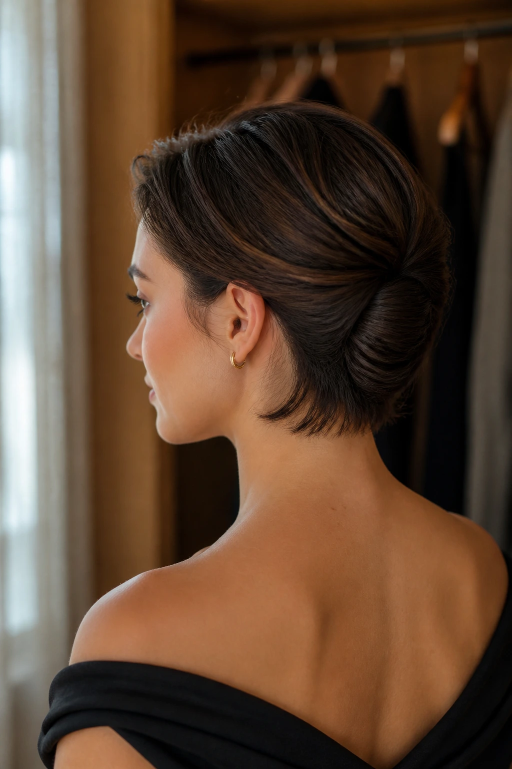 Close-up of a short-haired model's nape featuring a French twist-inspired roll.