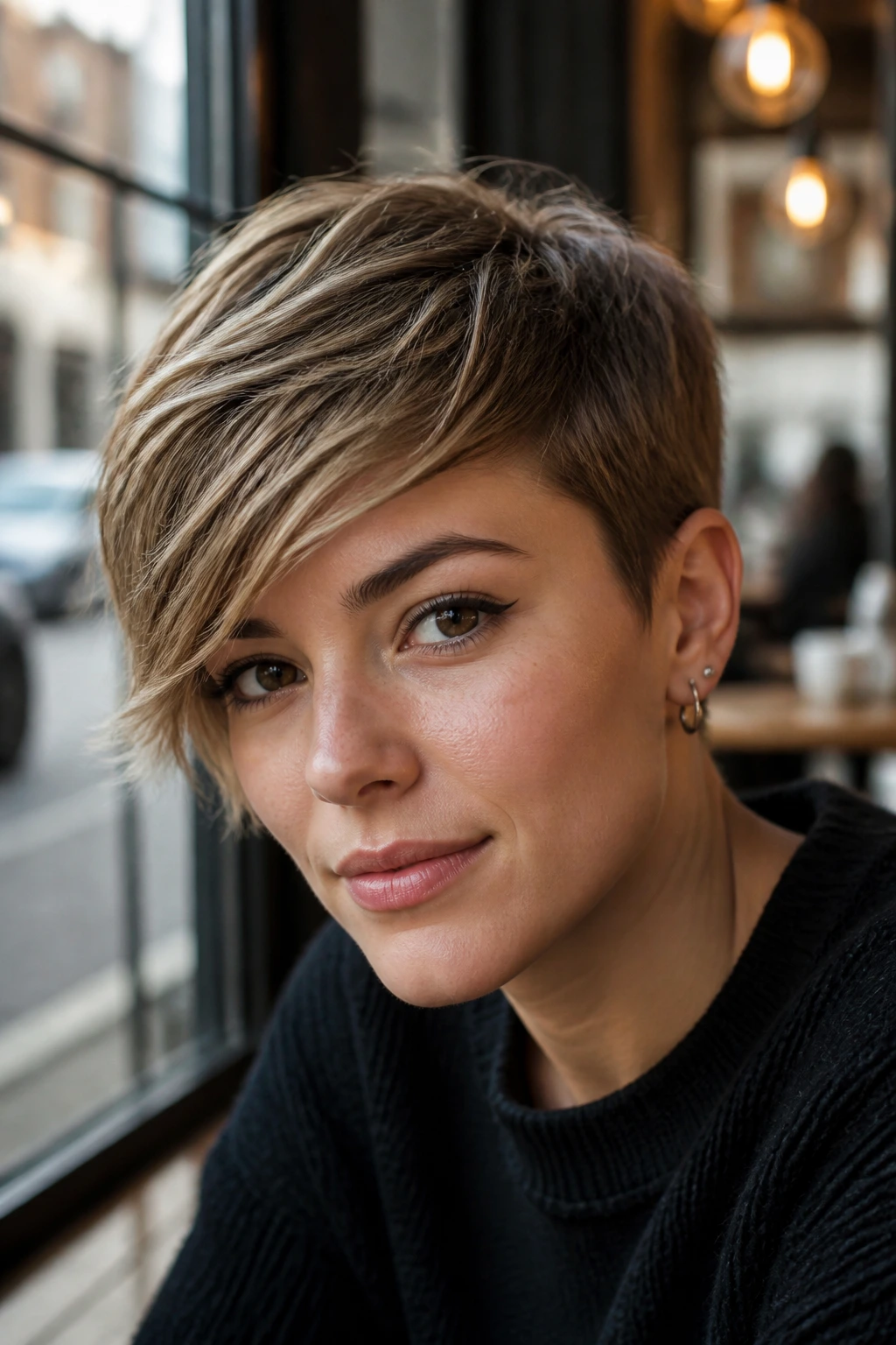 Portrait of a person with a bold swept fringe on short hair in an urban setting