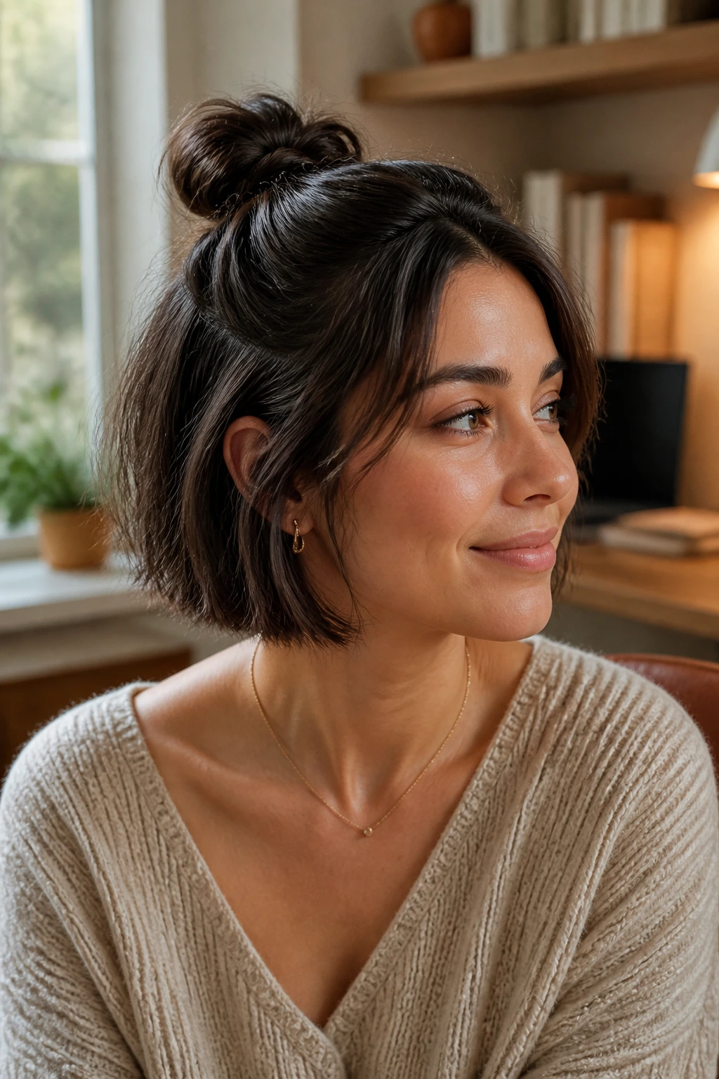 Close-up of a real person with a short bob and a half-up bun, illustrating the concept