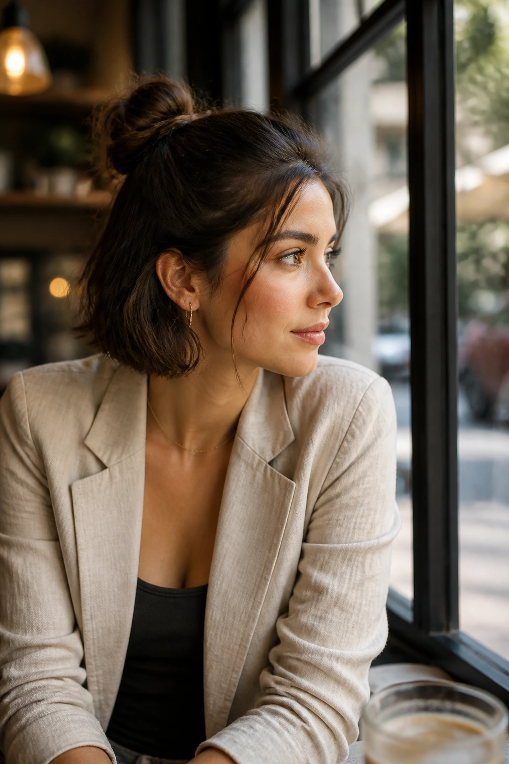 Real woman with half-up bun paired with simple chic outfit in natural light