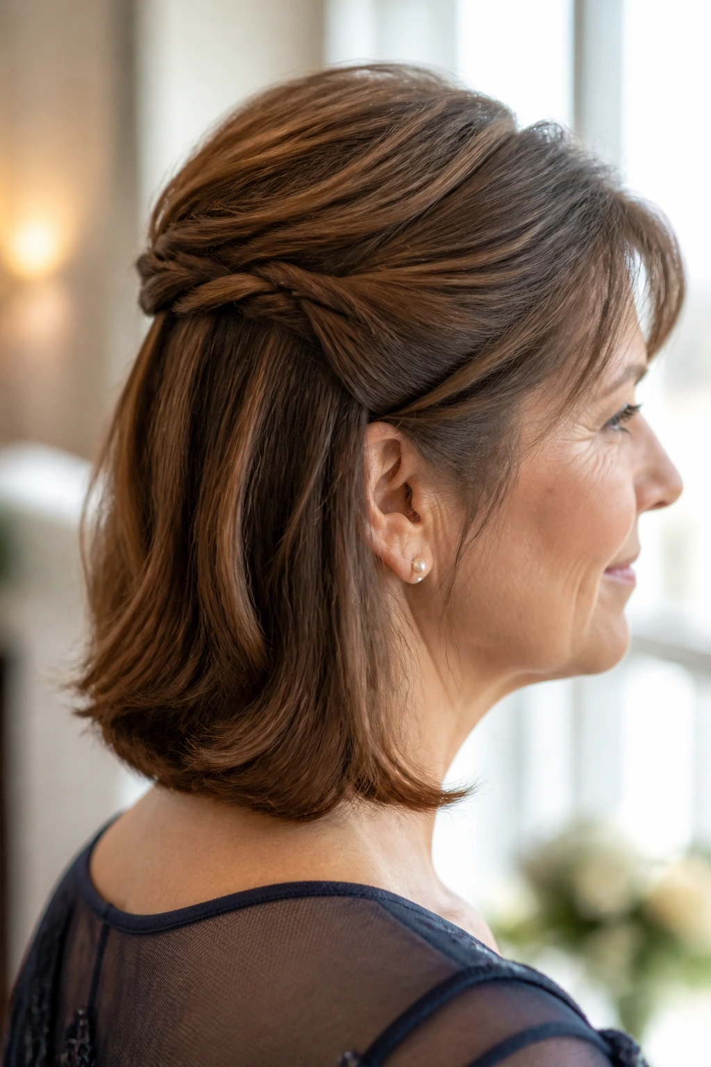 Close-up of a short-hair mini-twist half-up on a real person