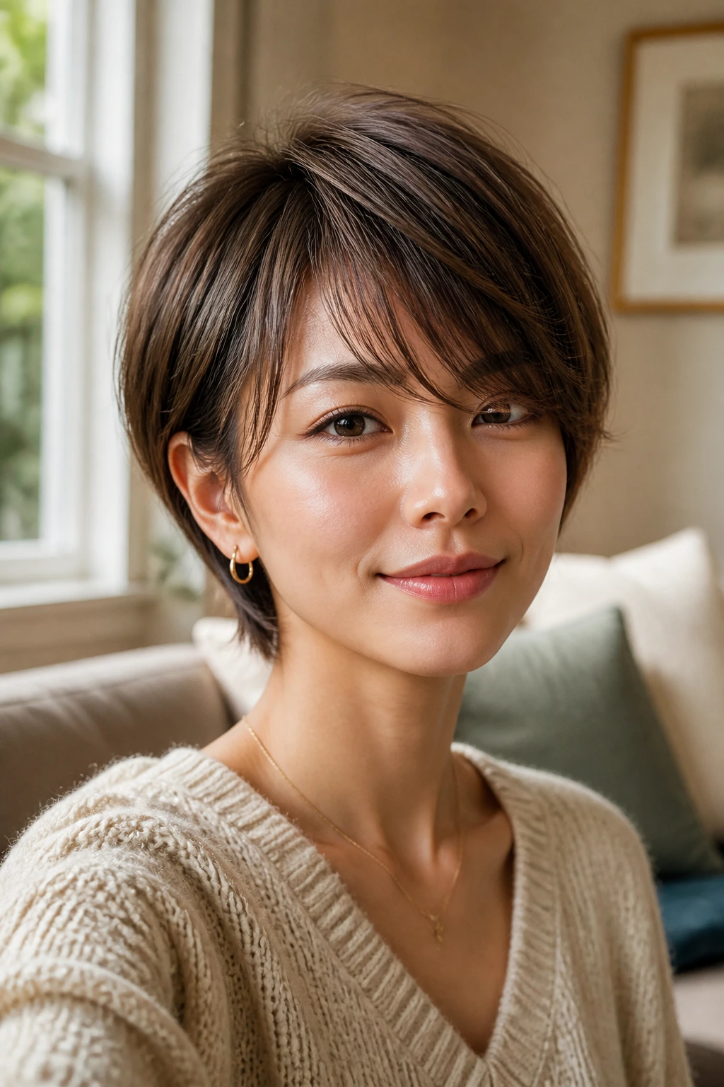 Head-and-shoulders portrait of a woman with heart-shaped face and soft fringe.