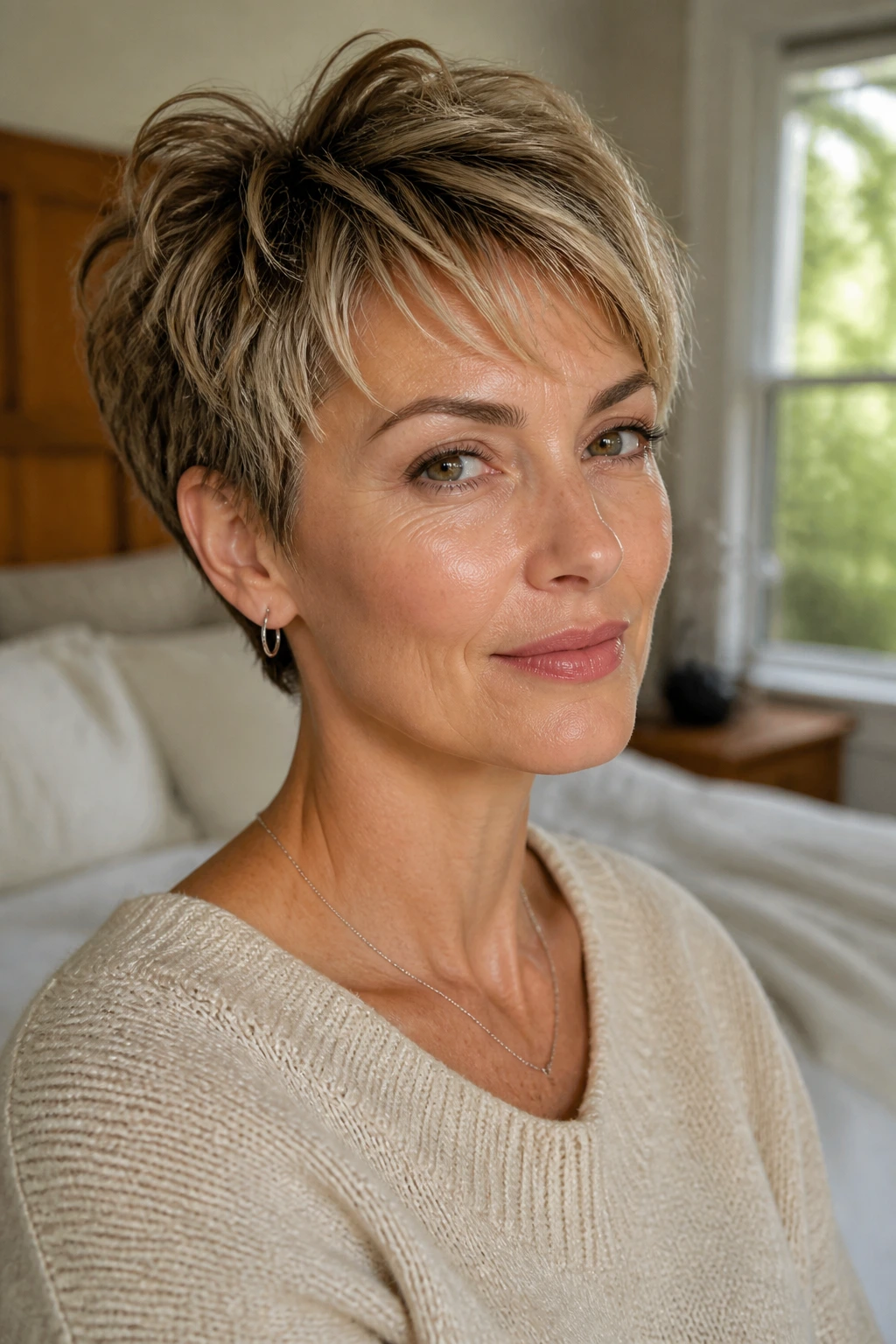 Close-up portrait of a real person with short hair showcasing versatile daily looks