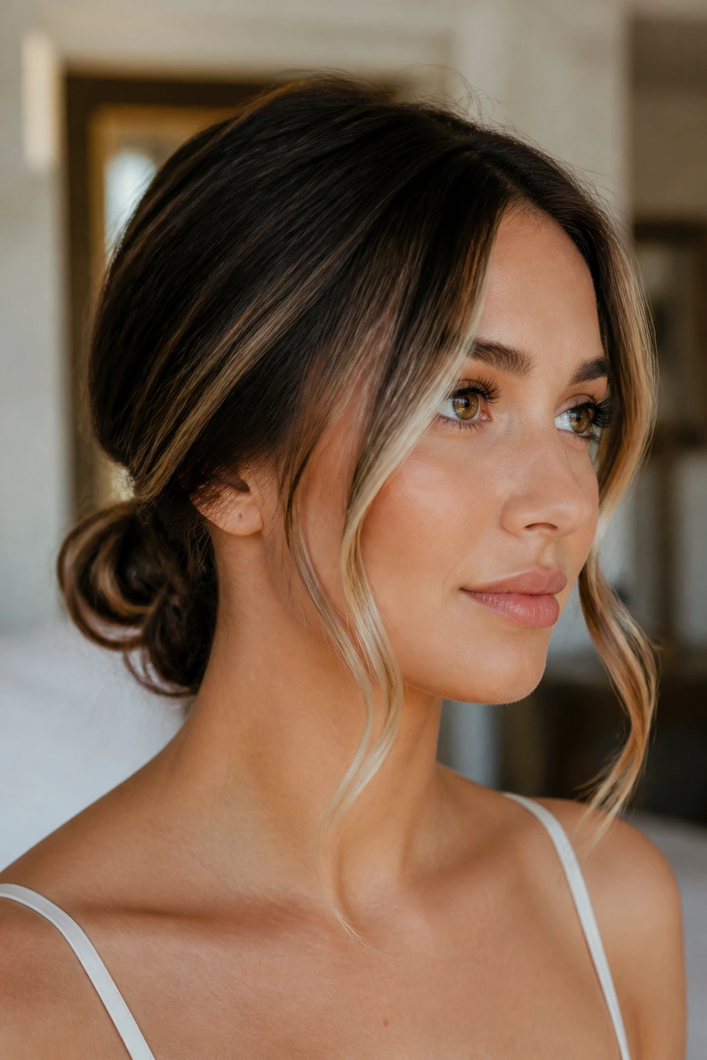 Close-up of real woman with short hair in a low knot and money piece