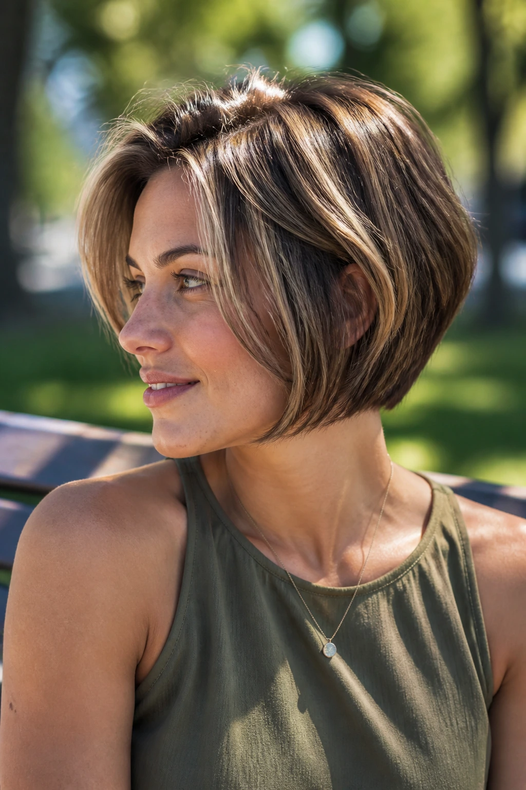 Real woman with short bob showing denser appearance due to summer lowlights in sunlight.