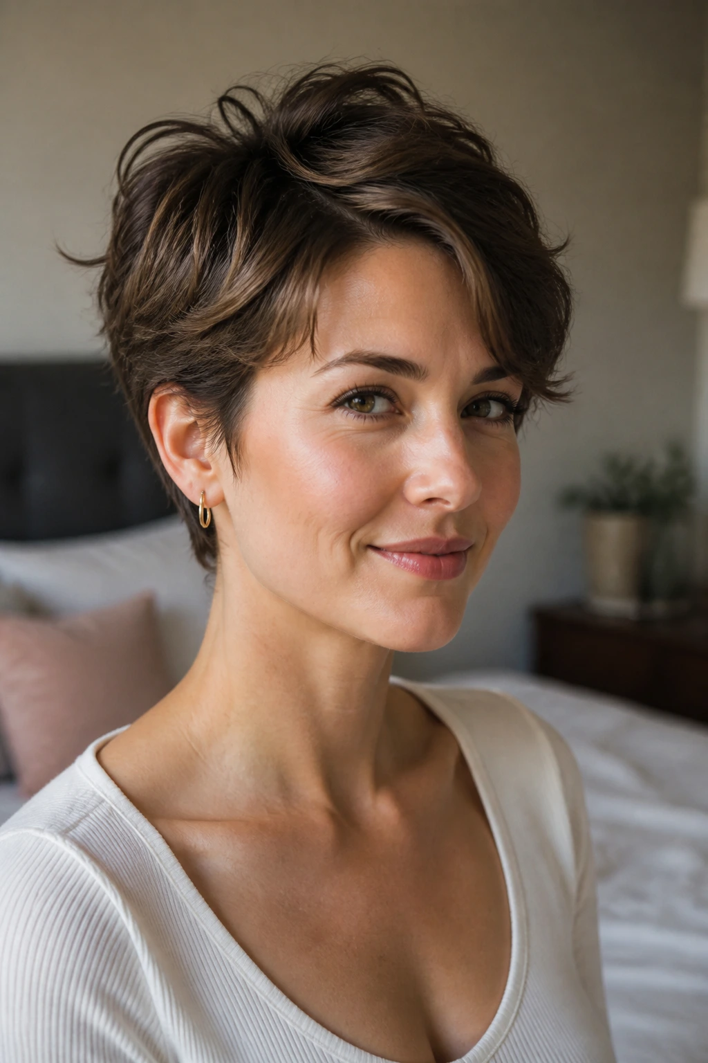 Close-up of a real woman with a shape-retaining short hairstyle and soft crown waves under natural window light