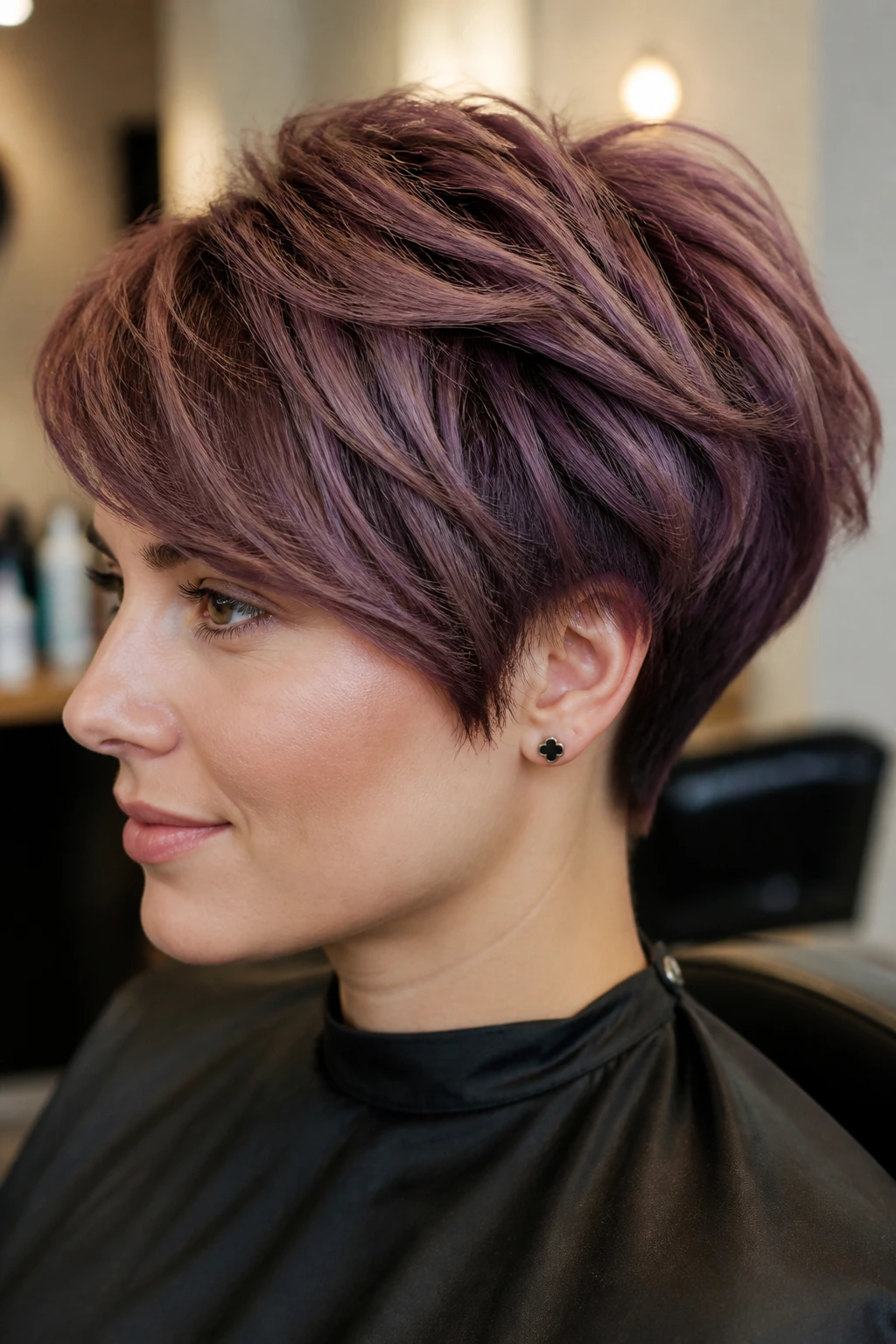 Close-up portrait of a person with a short thick hairstyle in a salon chair