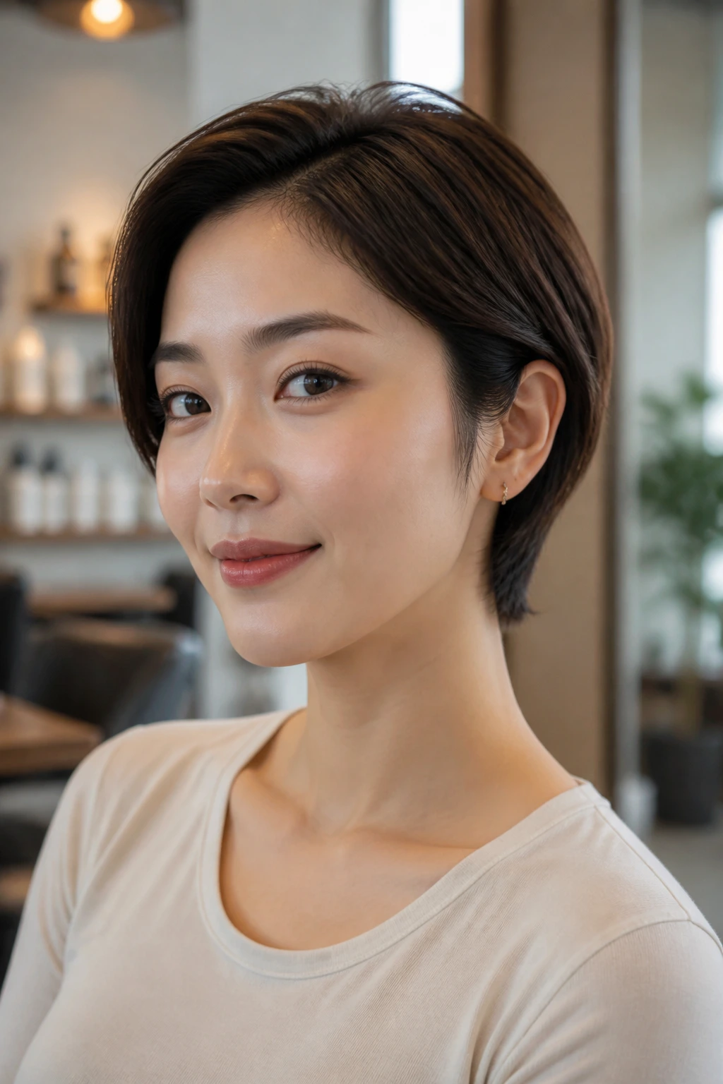 Portrait of model with short hair and no bangs highlighting an oval face