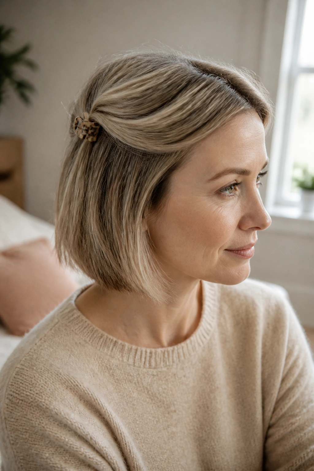 Short hairstyle with a no-heat half-up twist and claw clip