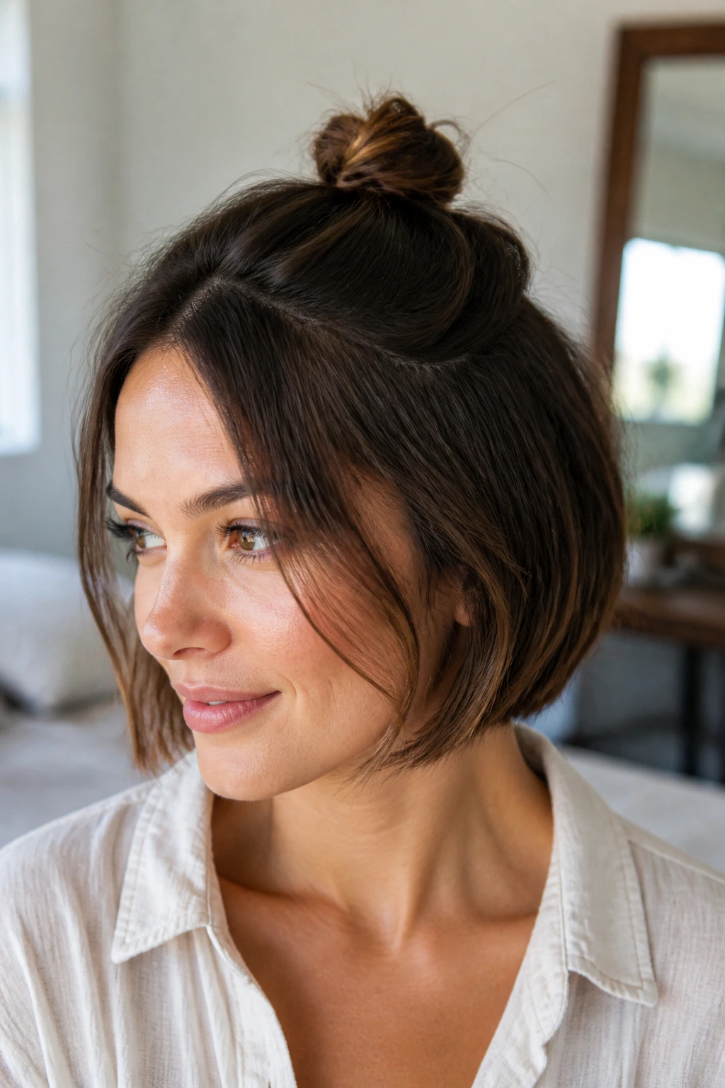 Portrait of a real woman with chin-length bob and small half-up bun in natural light
