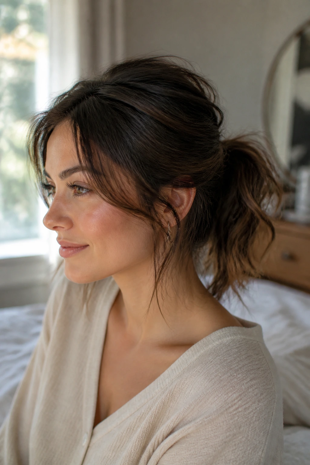 Close-up of a real woman with a messy mid pony and crown volume