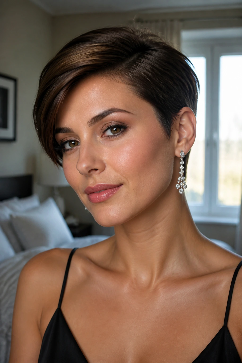 Close-up portrait of a woman with short hair showing a crisp side-swept look in natural window light