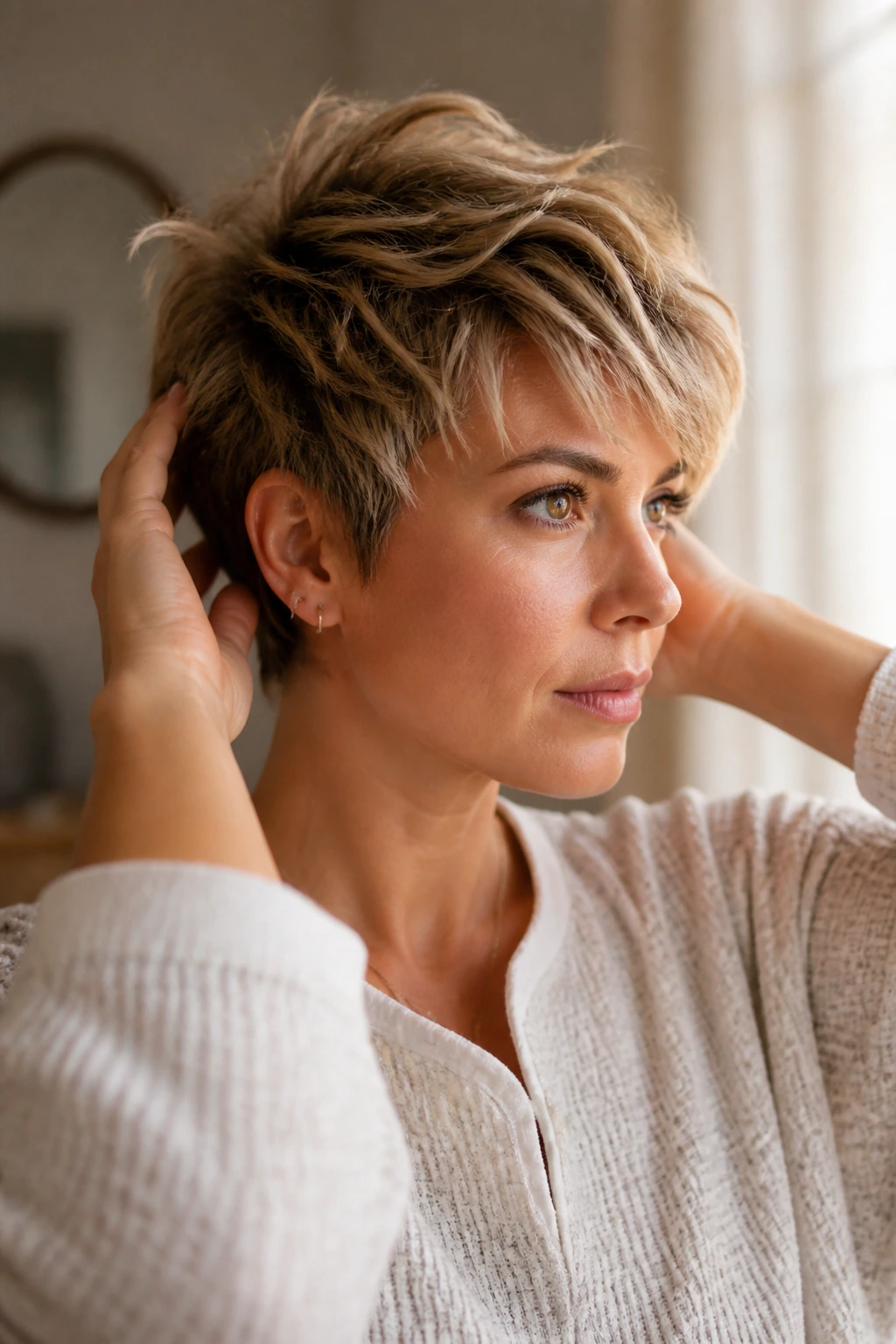 Close-up portrait of a real person with a textured short rockstar hairstyle in a softly lit morning room