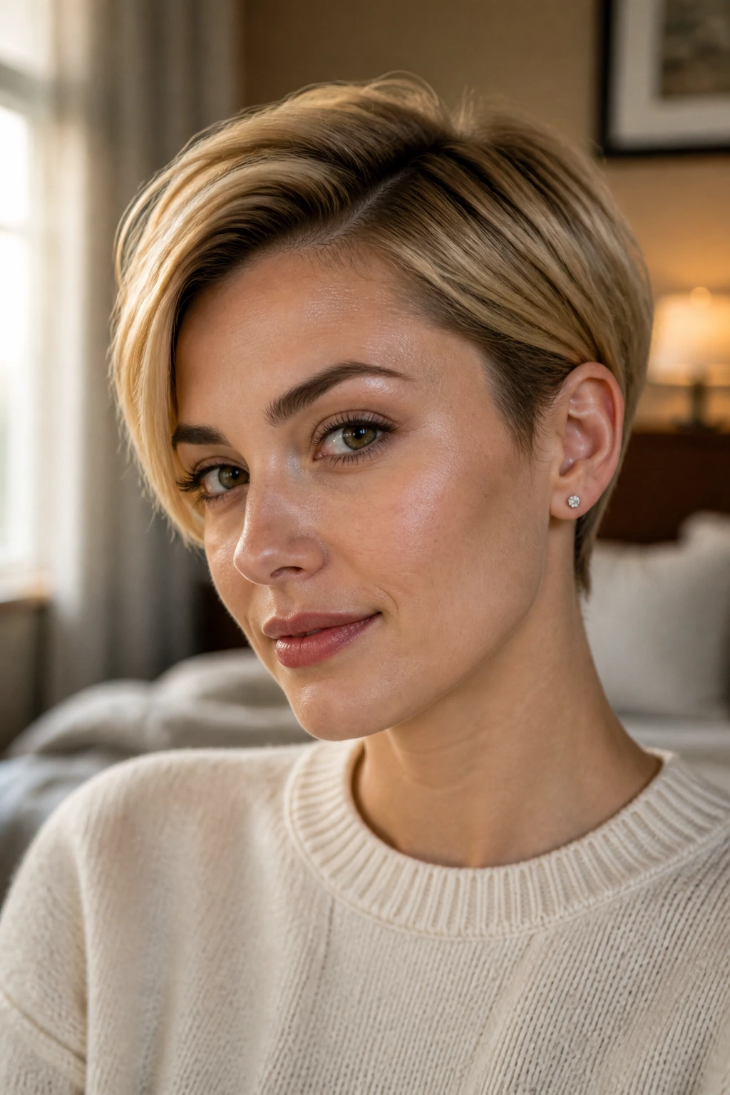 Close-up portrait of a woman with a chic short haircut and deep side part, softly lit by window light