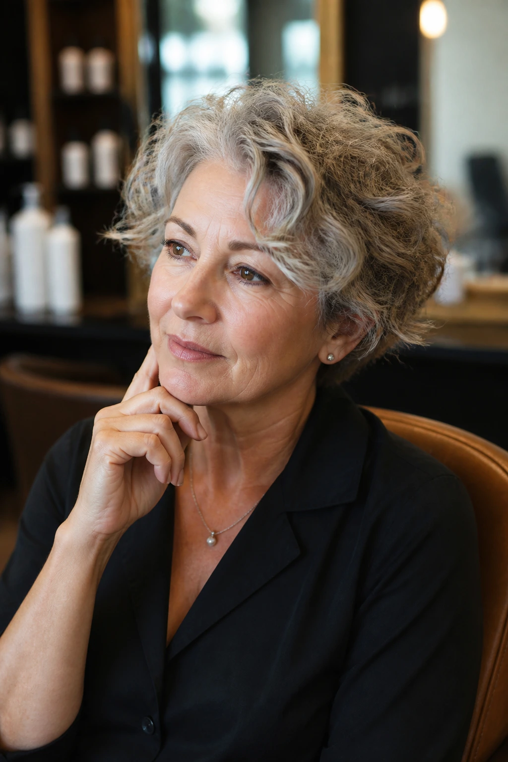 Thoughtful woman in a salon chair considering a short haircut