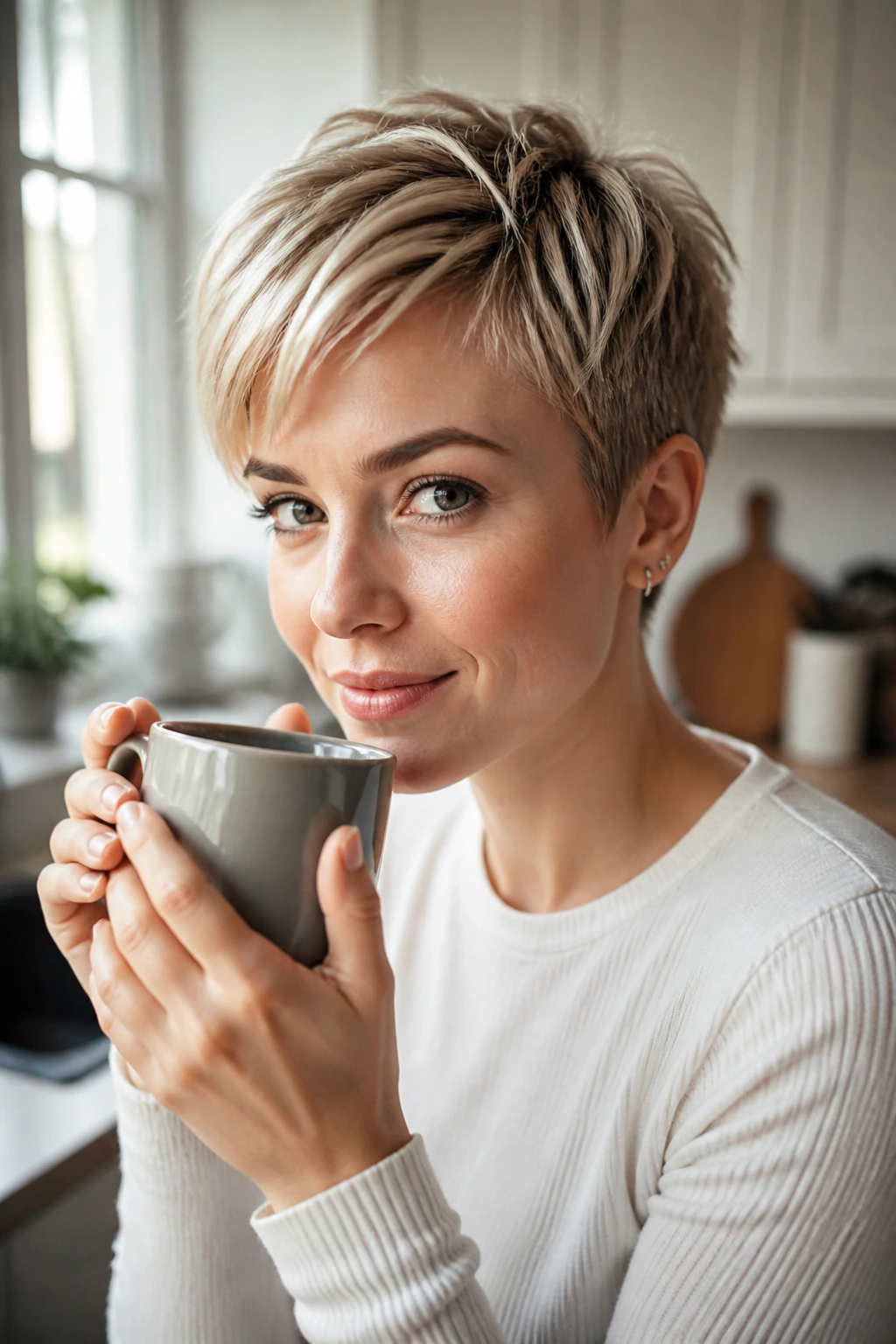 Portrait of a real person with a chic short haircut in a bright kitchen