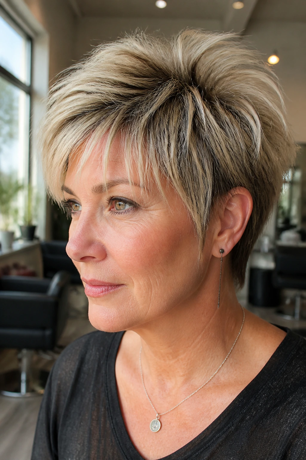 Close-up of real woman with crown-lifted short rocker cut and blunt edge.