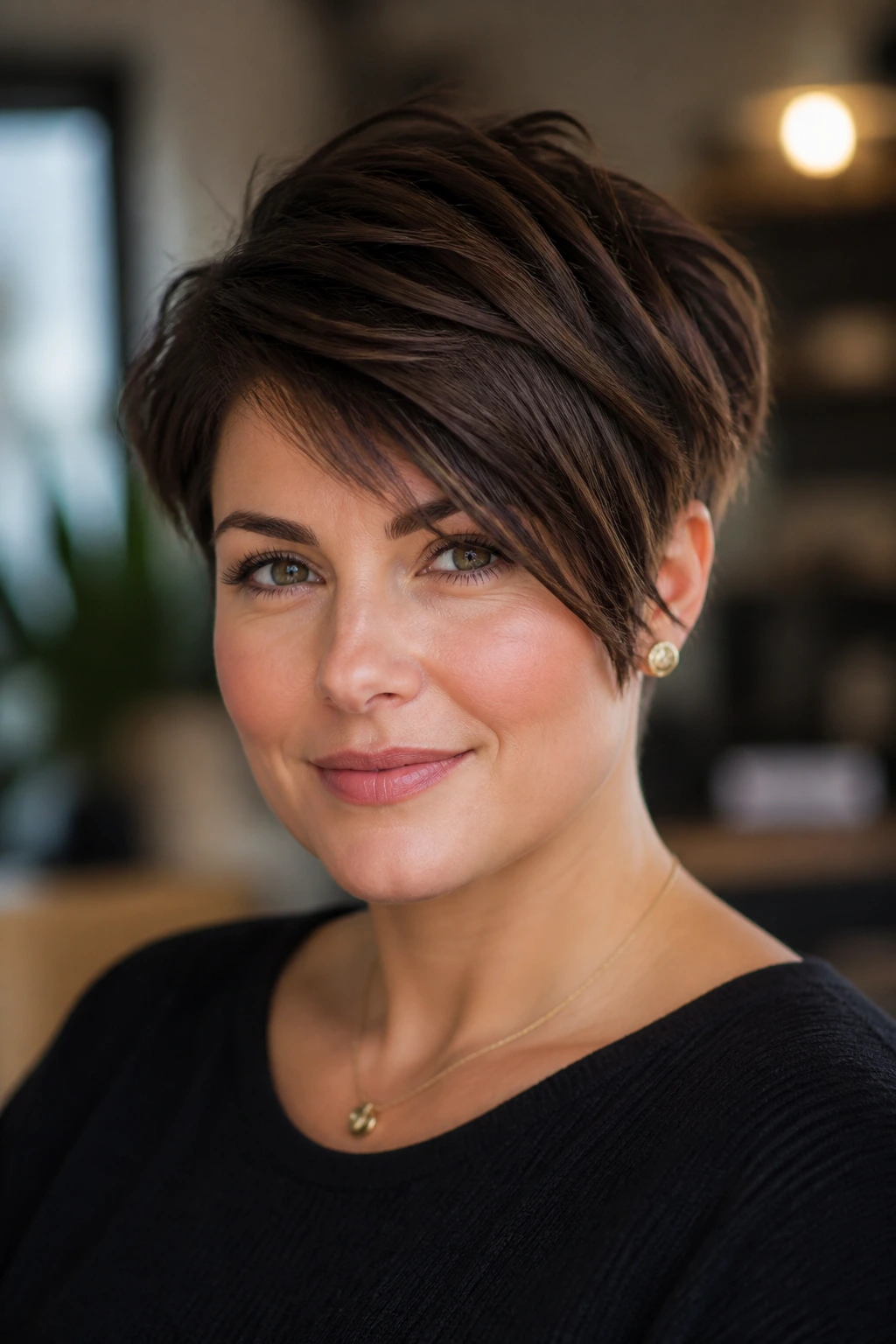 Close-up portrait of someone with diagonal-lift short haircut for round face