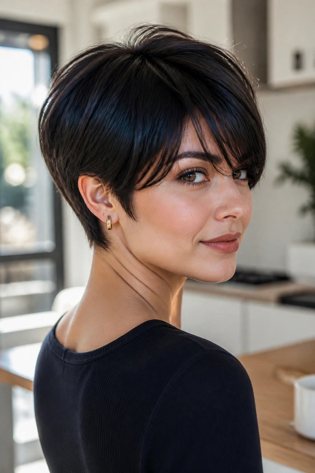Close-up portrait of a person with sharp short cut and rich blue-black color