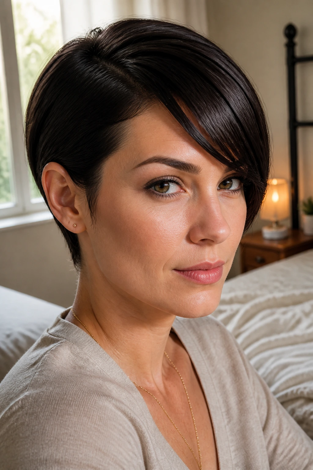 Close-up of a real woman with short, sleek hair and a side-swept bang, glossy finish.