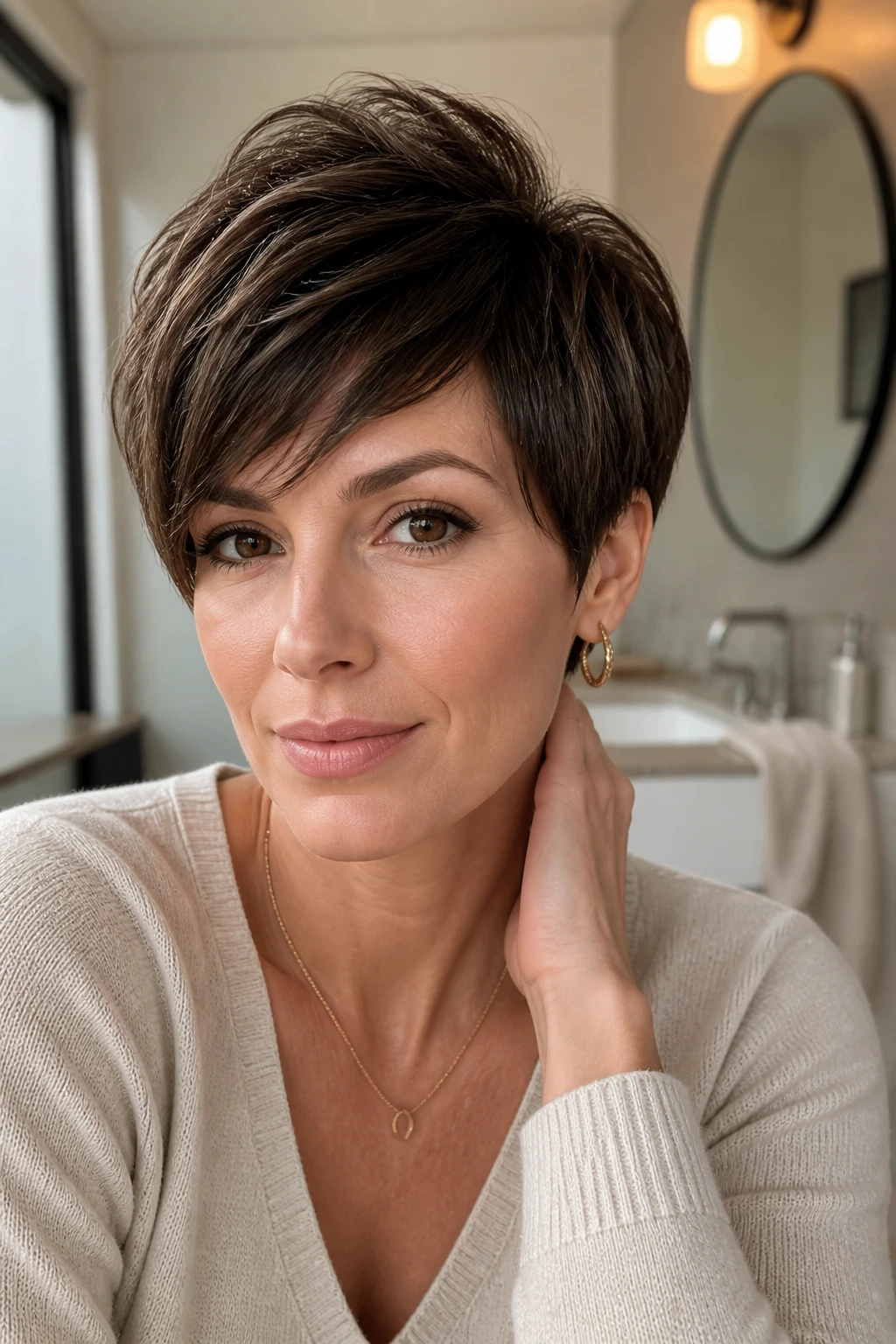 Portrait of a real woman with short hair highlighting silhouette under natural light