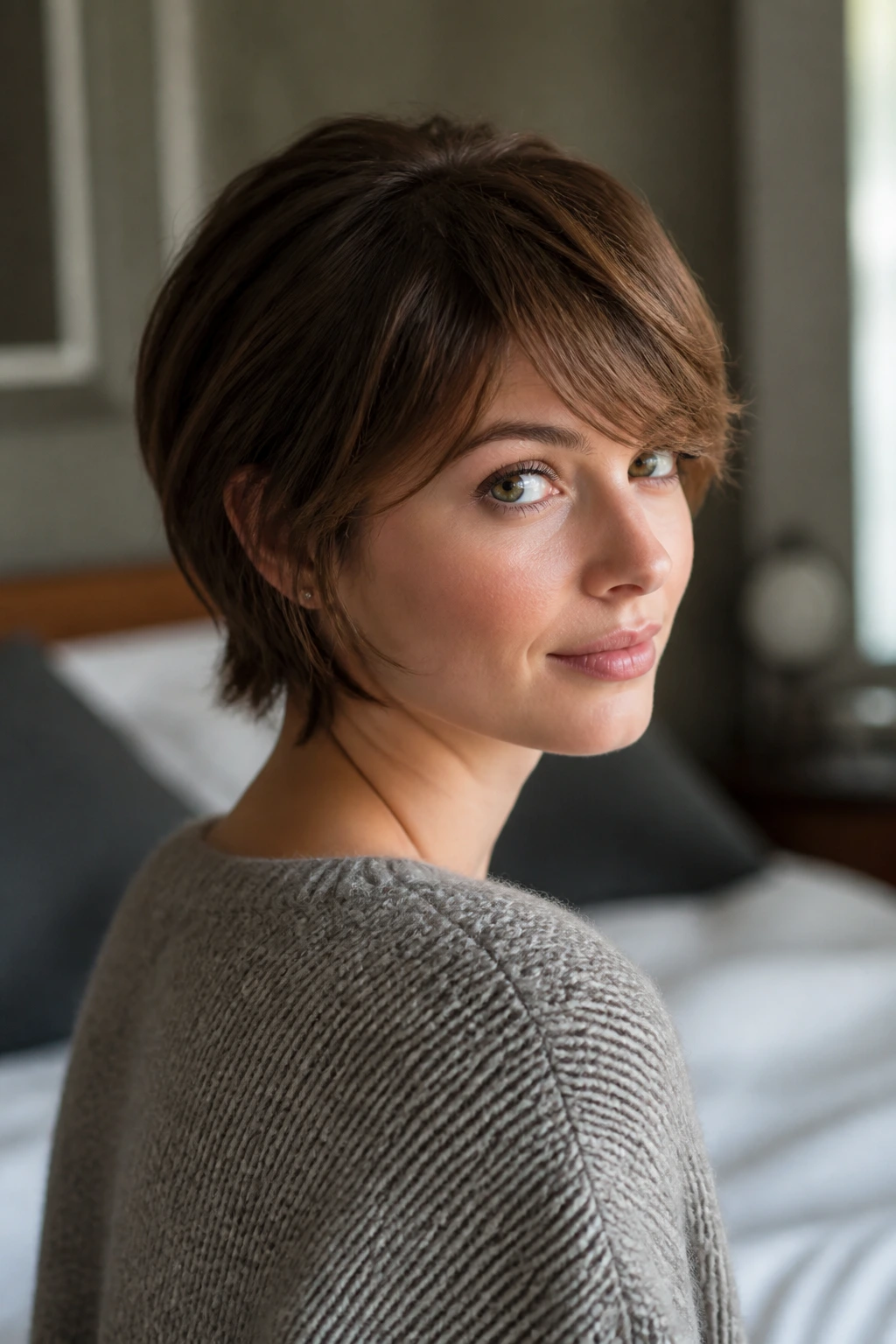 Close-up portrait of a real woman with short hair and soft layers.