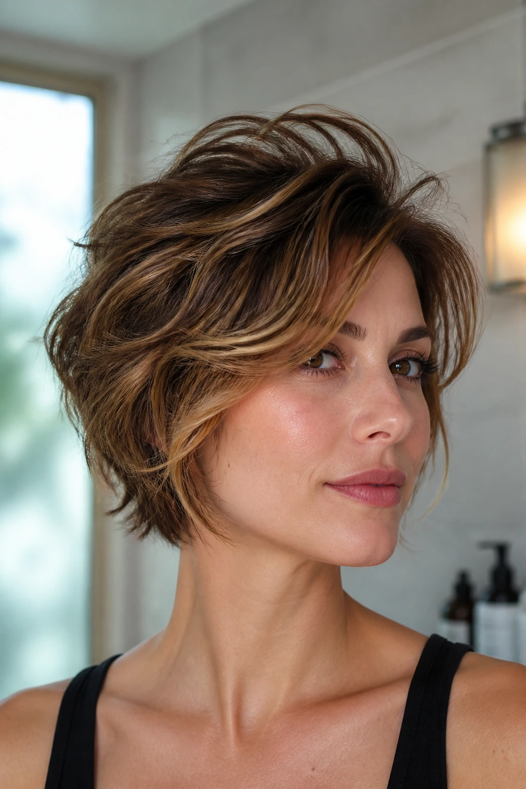 Close-up portrait of a real woman with crown lift and defined texture in short hair