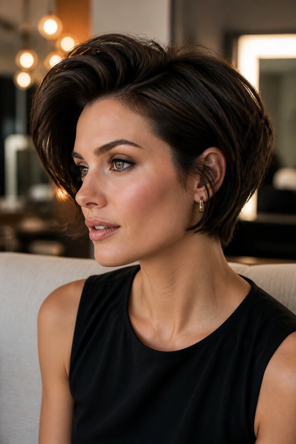 Close-up portrait of a real person with short, thick hair styled in a bold, polished finish