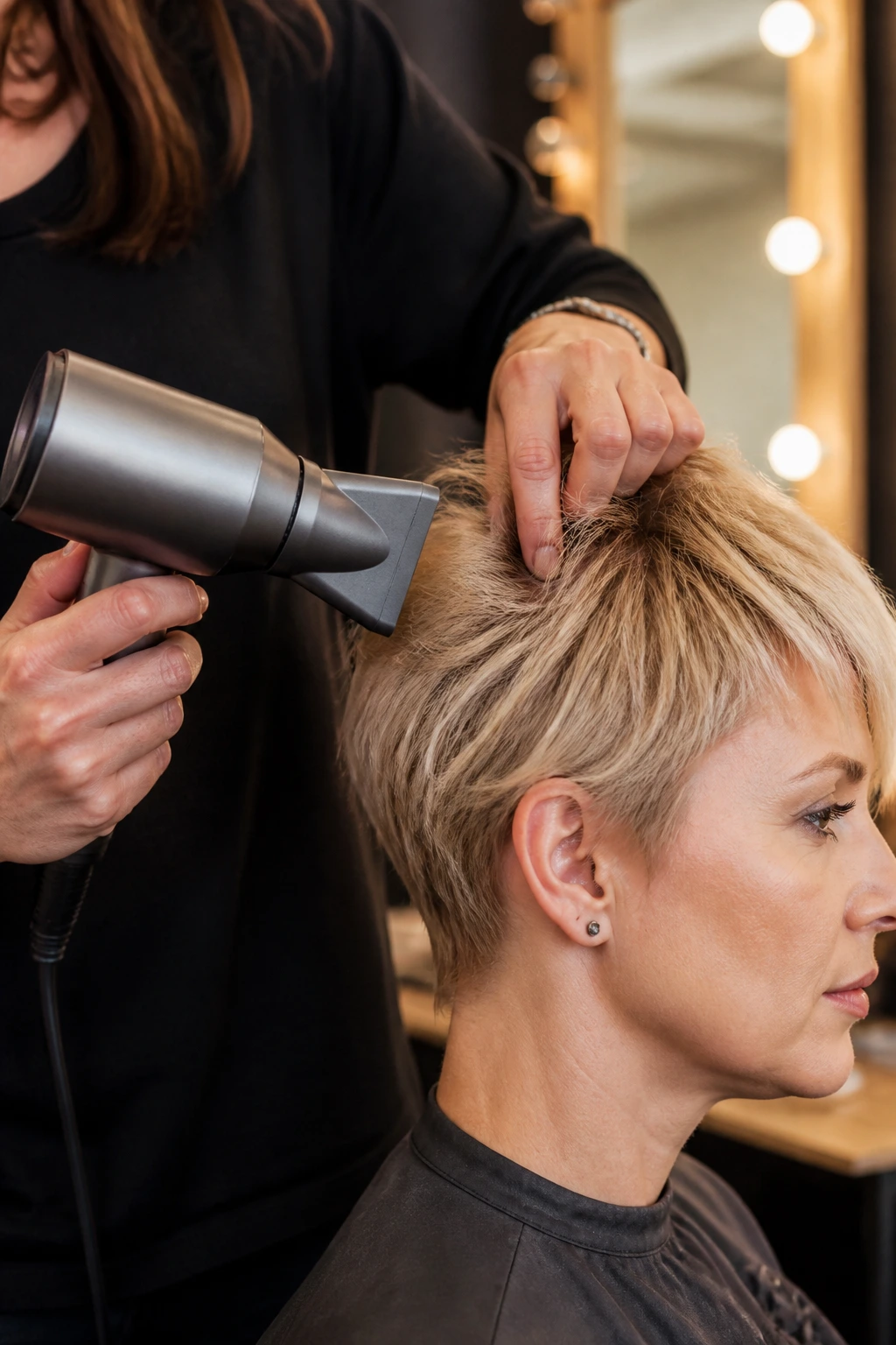 Hands using a narrow nozzle blow dryer on short hair roots
