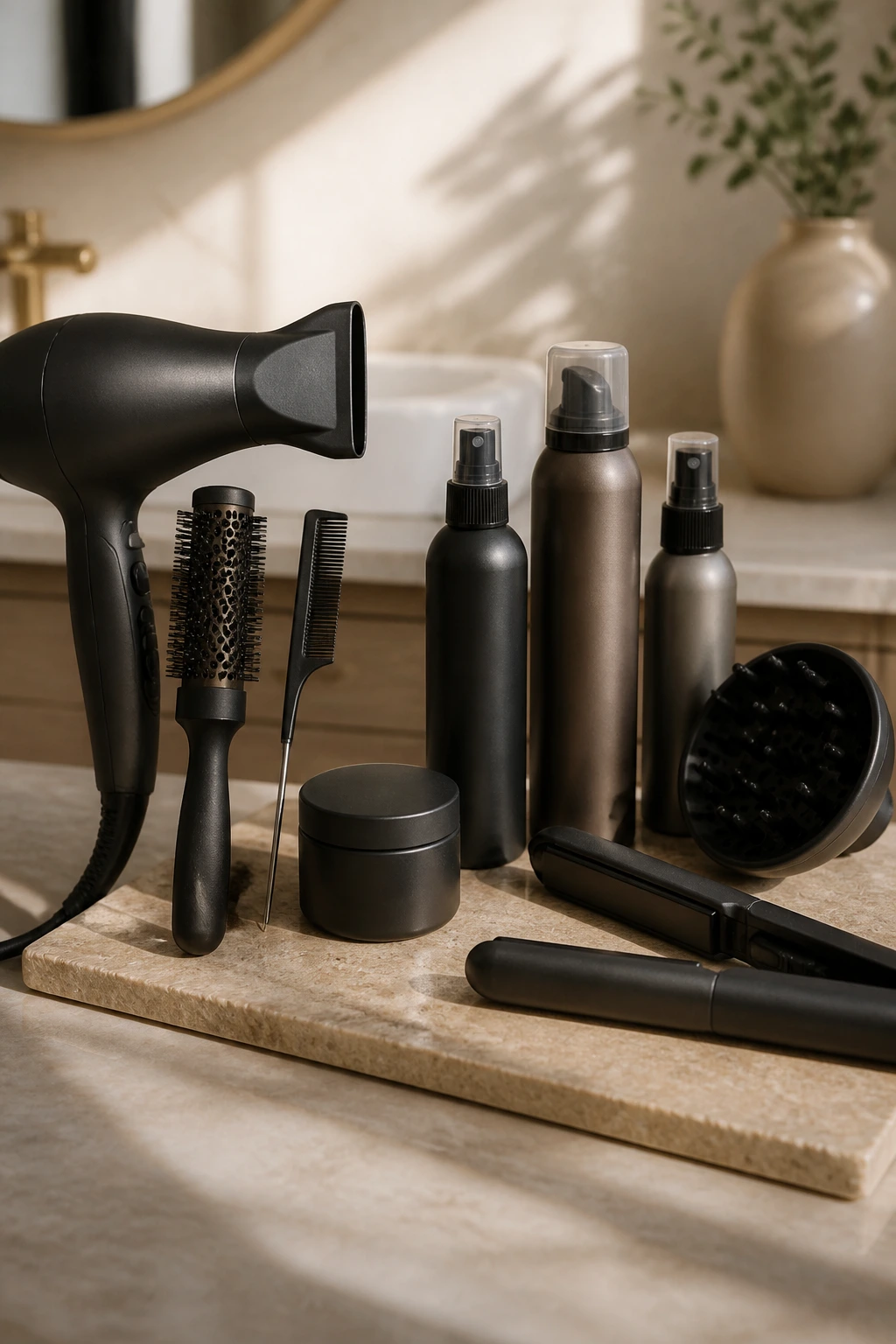 Close-up of hair styling tools arranged on a counter