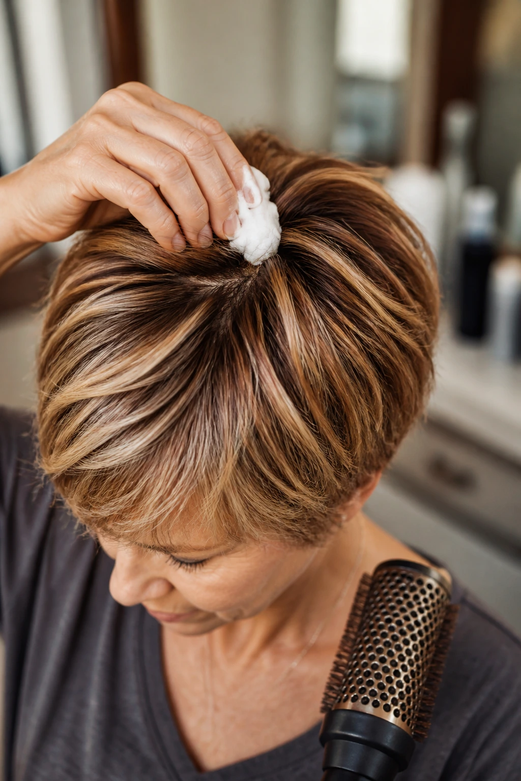 Close-up of a real woman’s short hair being styled with mousse and a round brush.